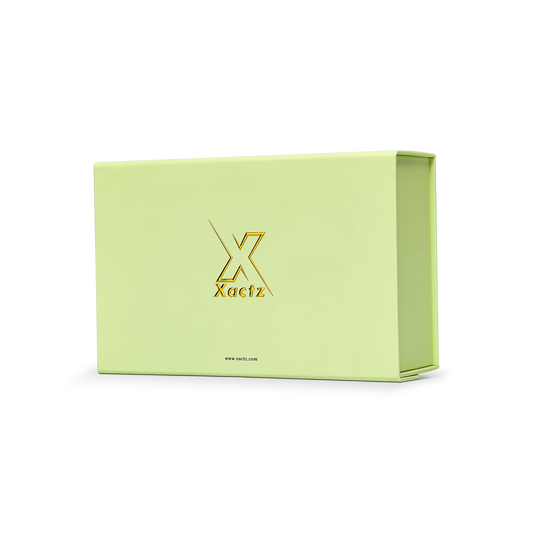 Premium Light Green Folding Book-Style Box with Embossed Bright Gold Foil, Touch Film, Magnetic Closure and Decorative Ribbon