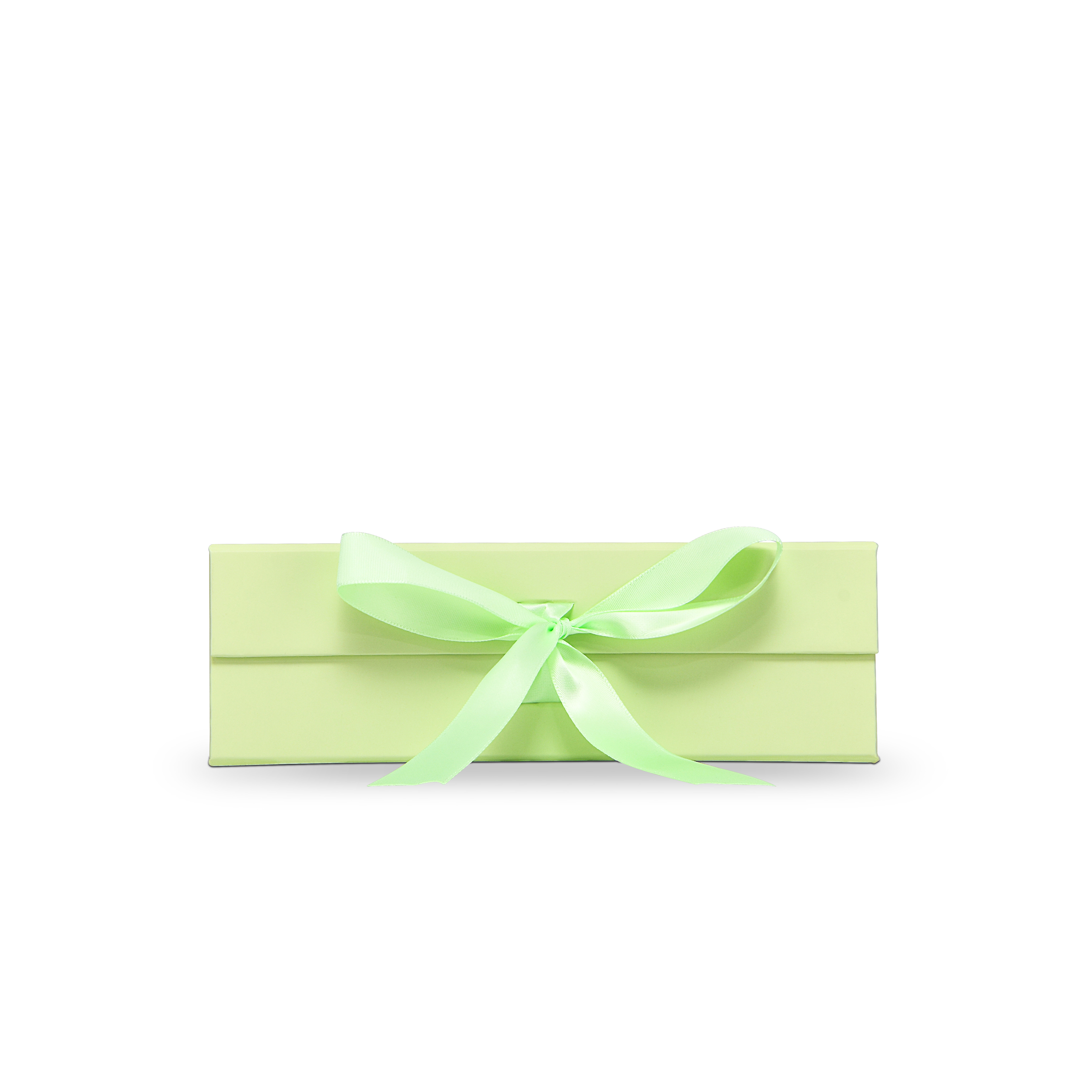 Premium Light Green Folding Book-Style Box with Embossed Bright Gold Foil, Touch Film, Magnetic Closure and Decorative Ribbon