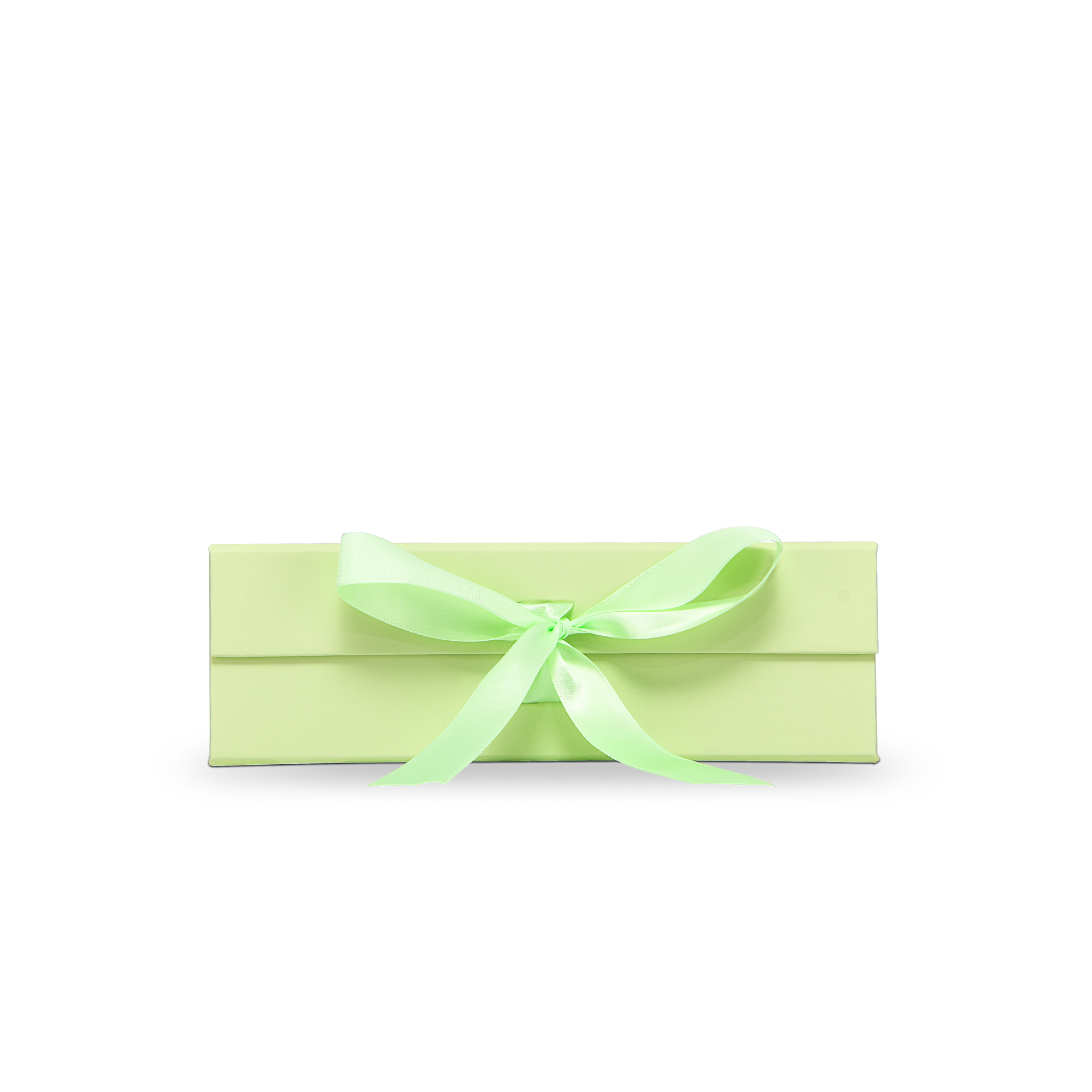Premium Light Green Folding Book-Style Box with Embossed Bright Gold Foil, Touch Film, Magnetic Closure and Decorative Ribbon