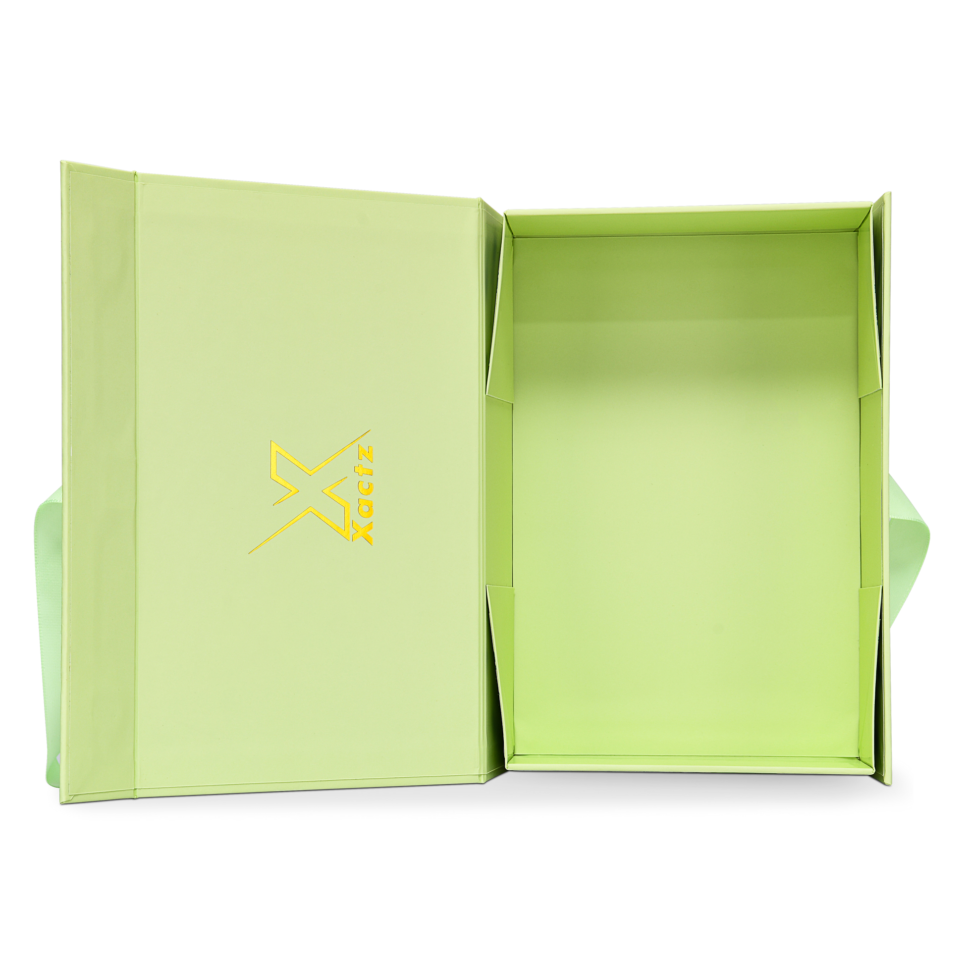 Premium Light Green Folding Book-Style Box with Embossed Bright Gold Foil, Touch Film, Magnetic Closure and Decorative Ribbon