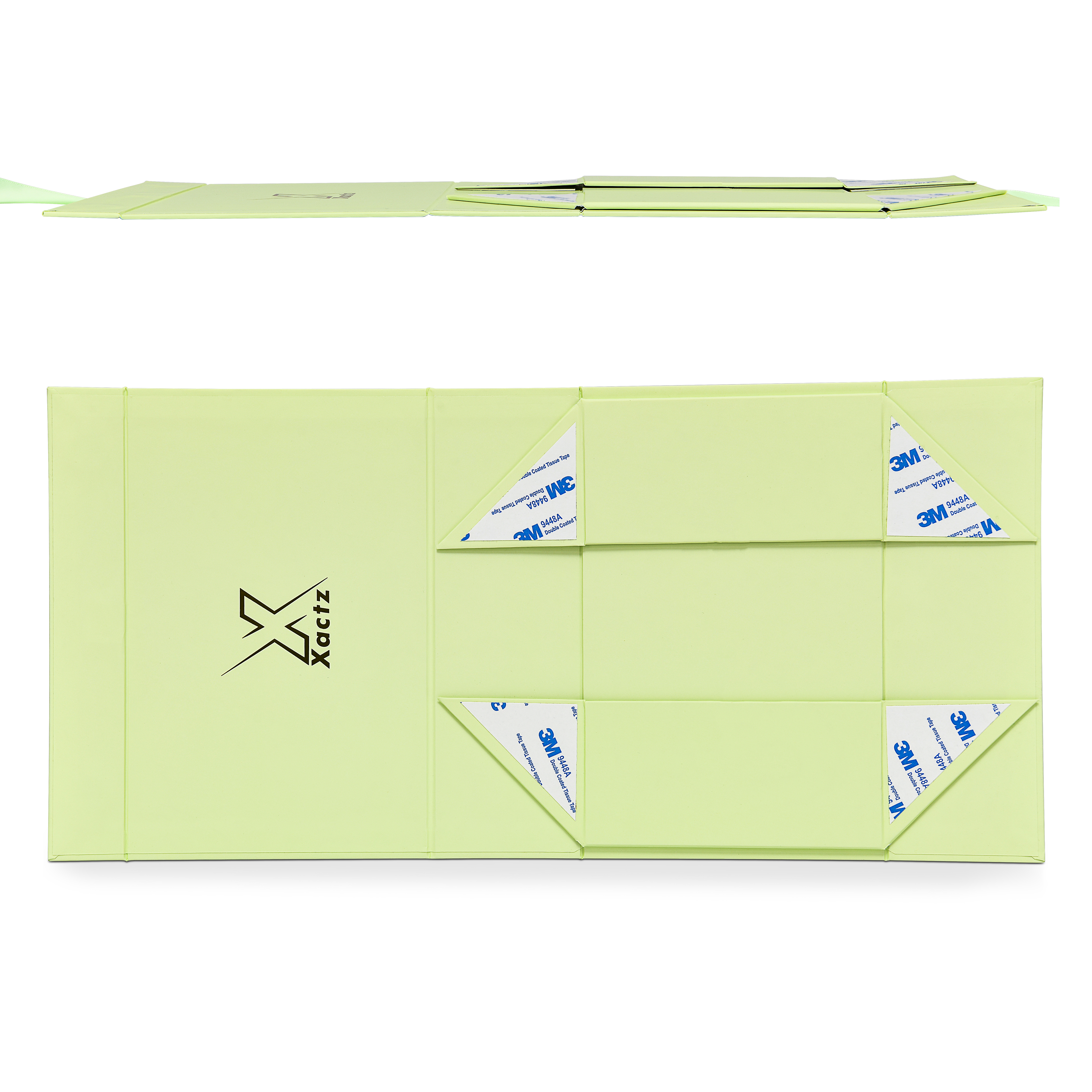 Premium Light Green Folding Book-Style Box with Embossed Bright Gold Foil, Touch Film, Magnetic Closure and Decorative Ribbon