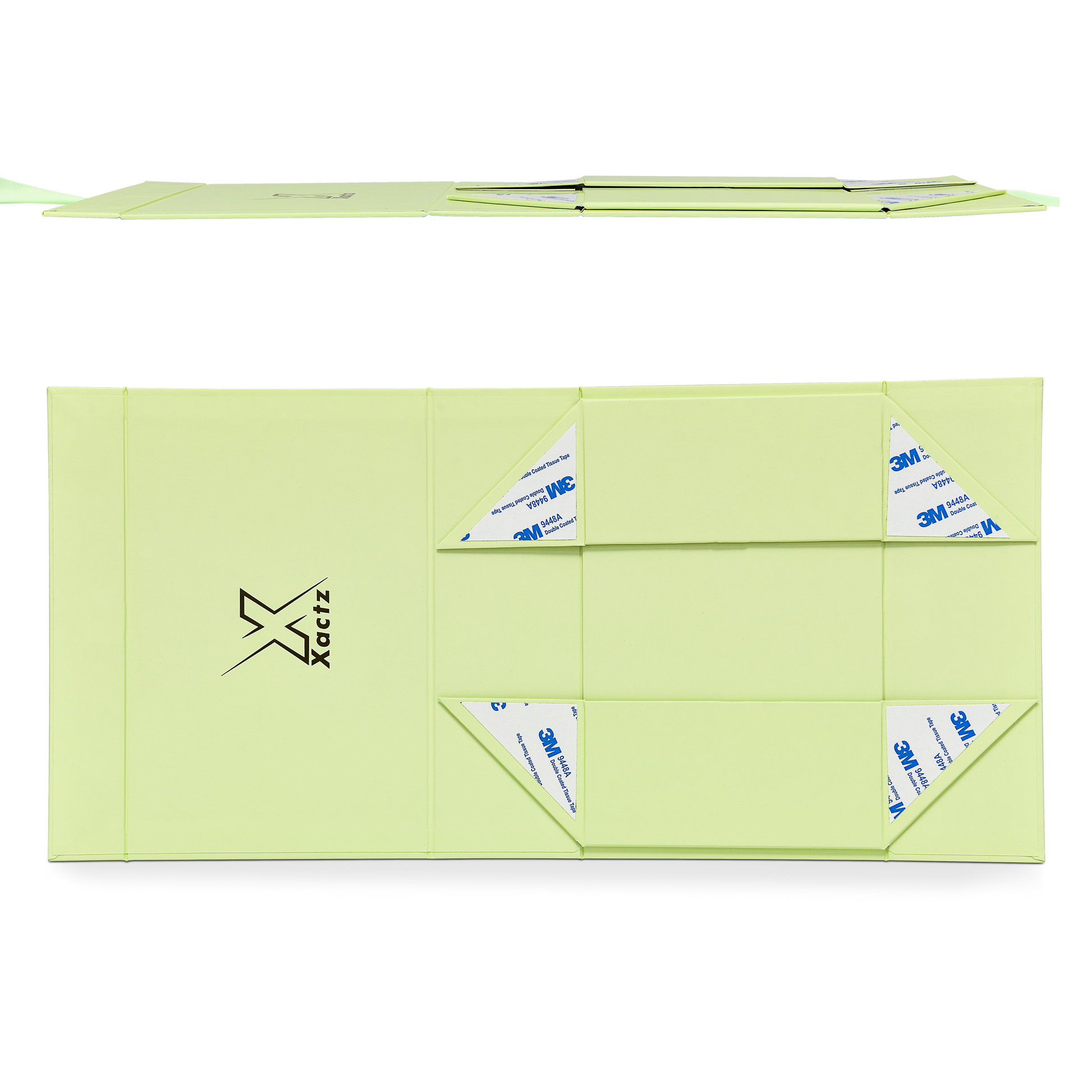 Premium Light Green Folding Book-Style Box with Embossed Bright Gold Foil, Touch Film, Magnetic Closure and Decorative Ribbon