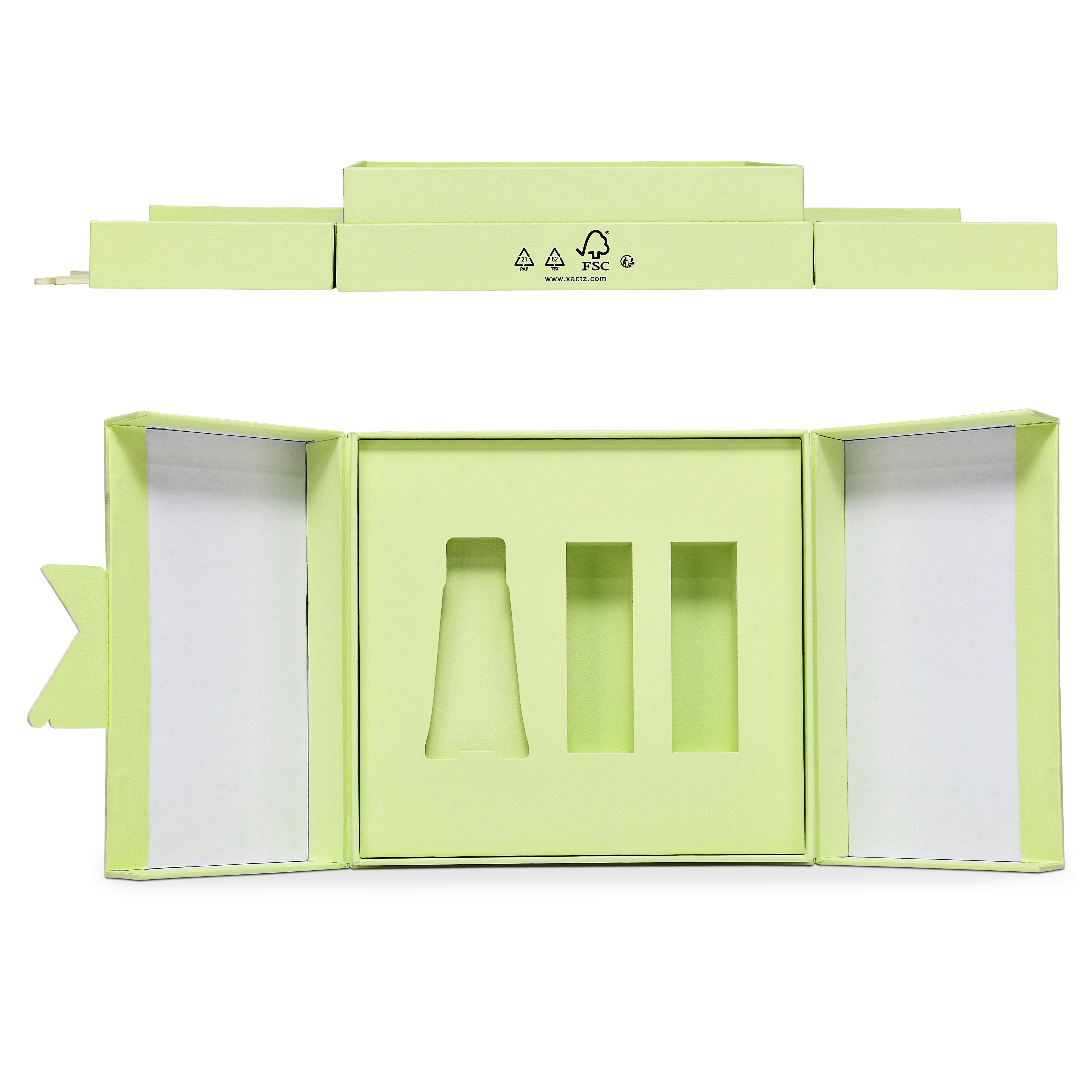 Boîte clapet de luxe personnalisée verte avec insert en carton estampé or