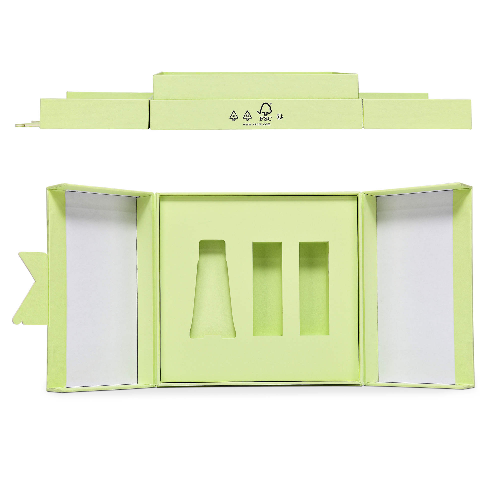 Boîte clapet de luxe personnalisée verte avec insert en carton estampé or