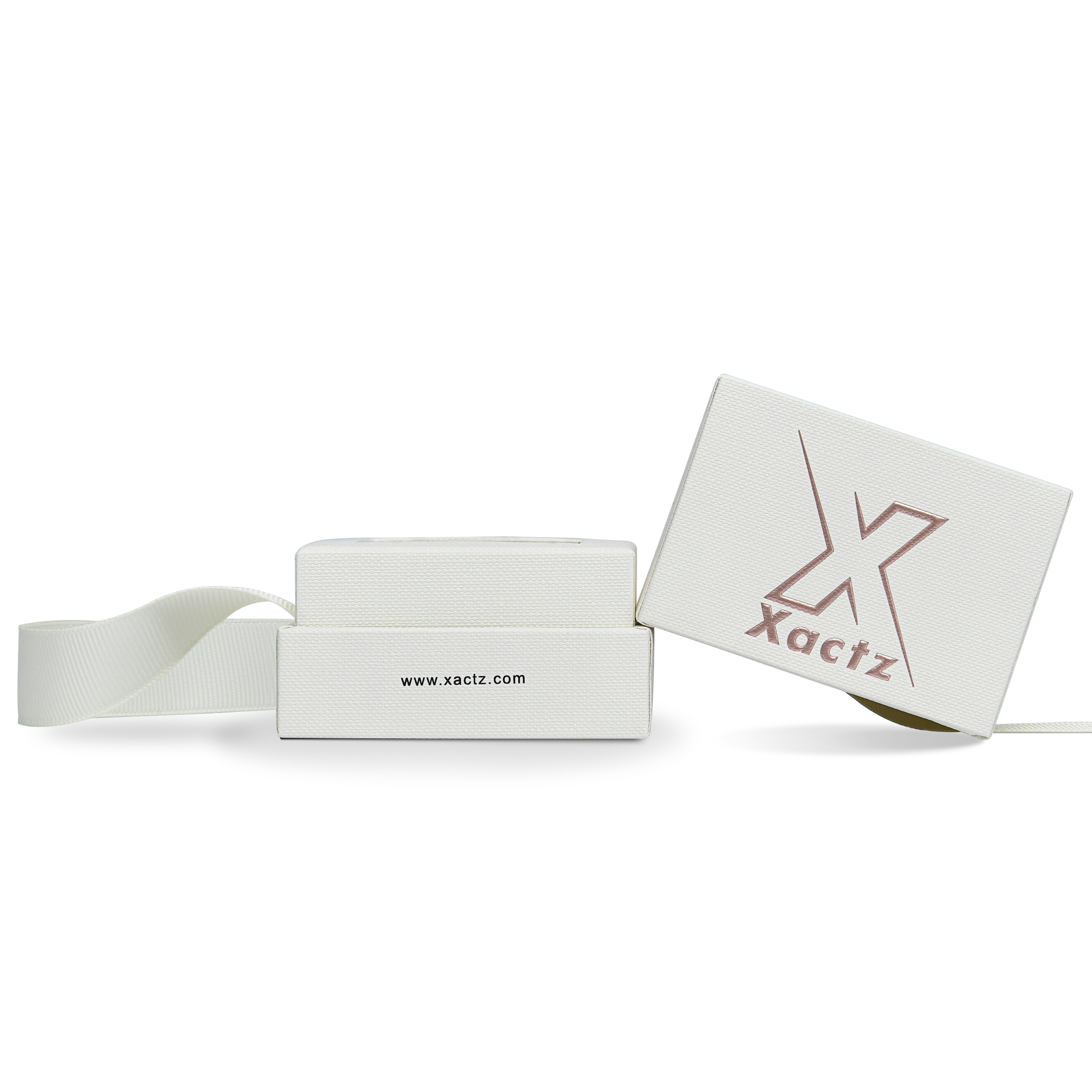 Premium Off-White Rose Gold Embossed Hot Stamped Rigid Lid and Base Gift Box with Ribbon Closure