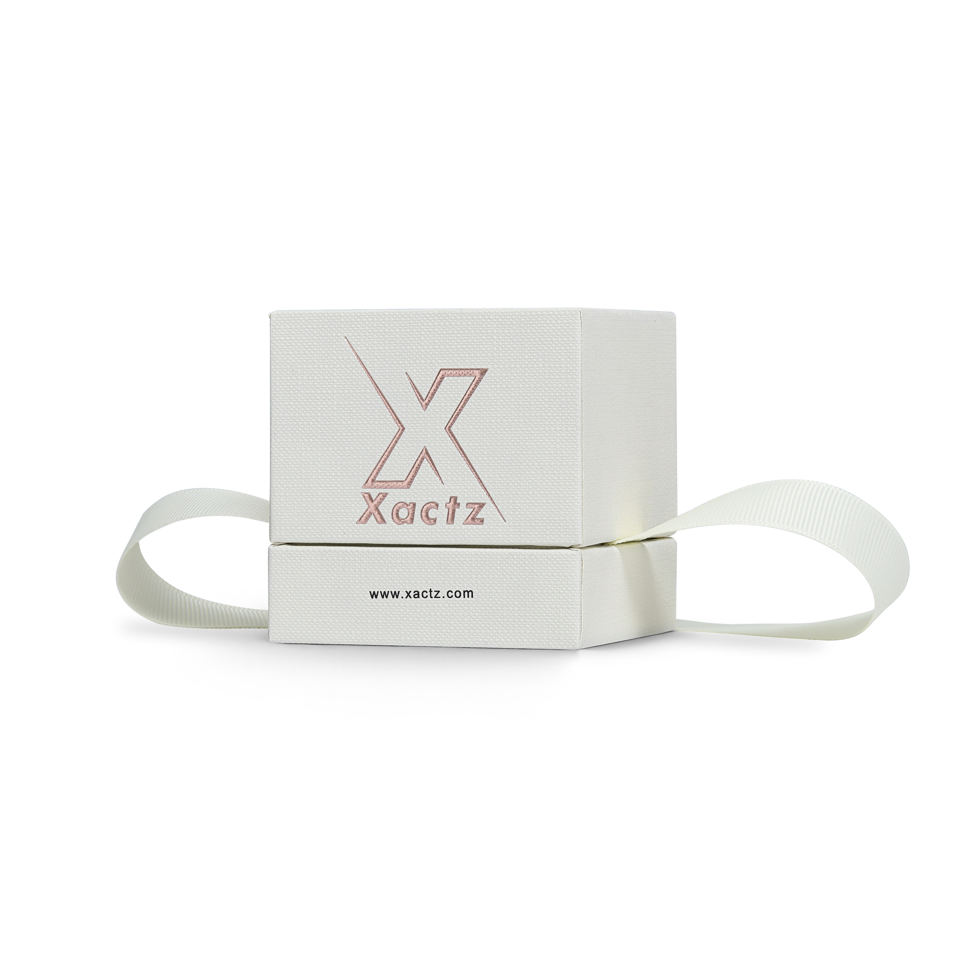 Premium Off-White Rose Gold Embossed Hot Stamped Rigid Lid and Base Gift Box with Ribbon Closure