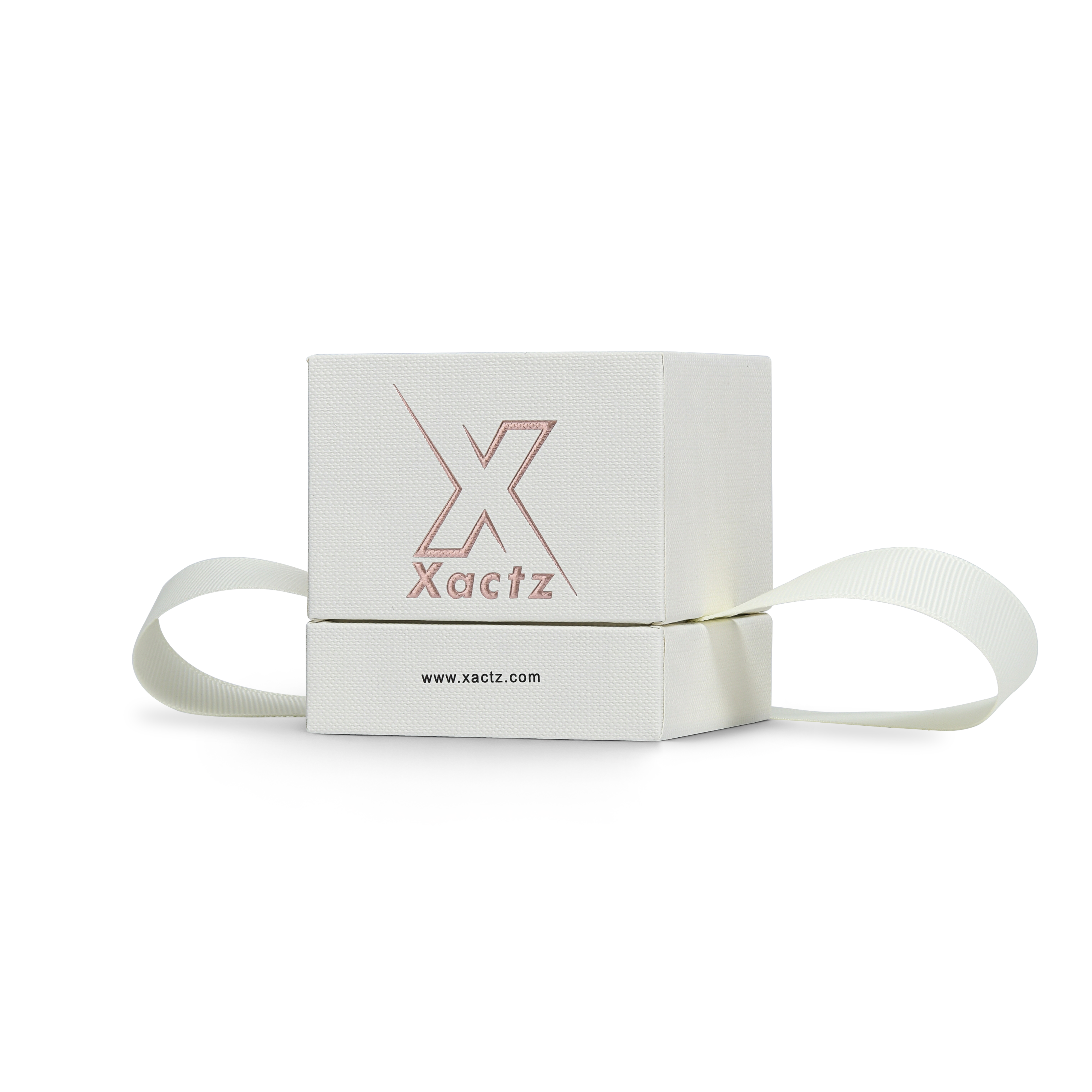 Premium Off-White Rose Gold Embossed Hot Stamped Rigid Lid and Base Gift Box with Ribbon Closure