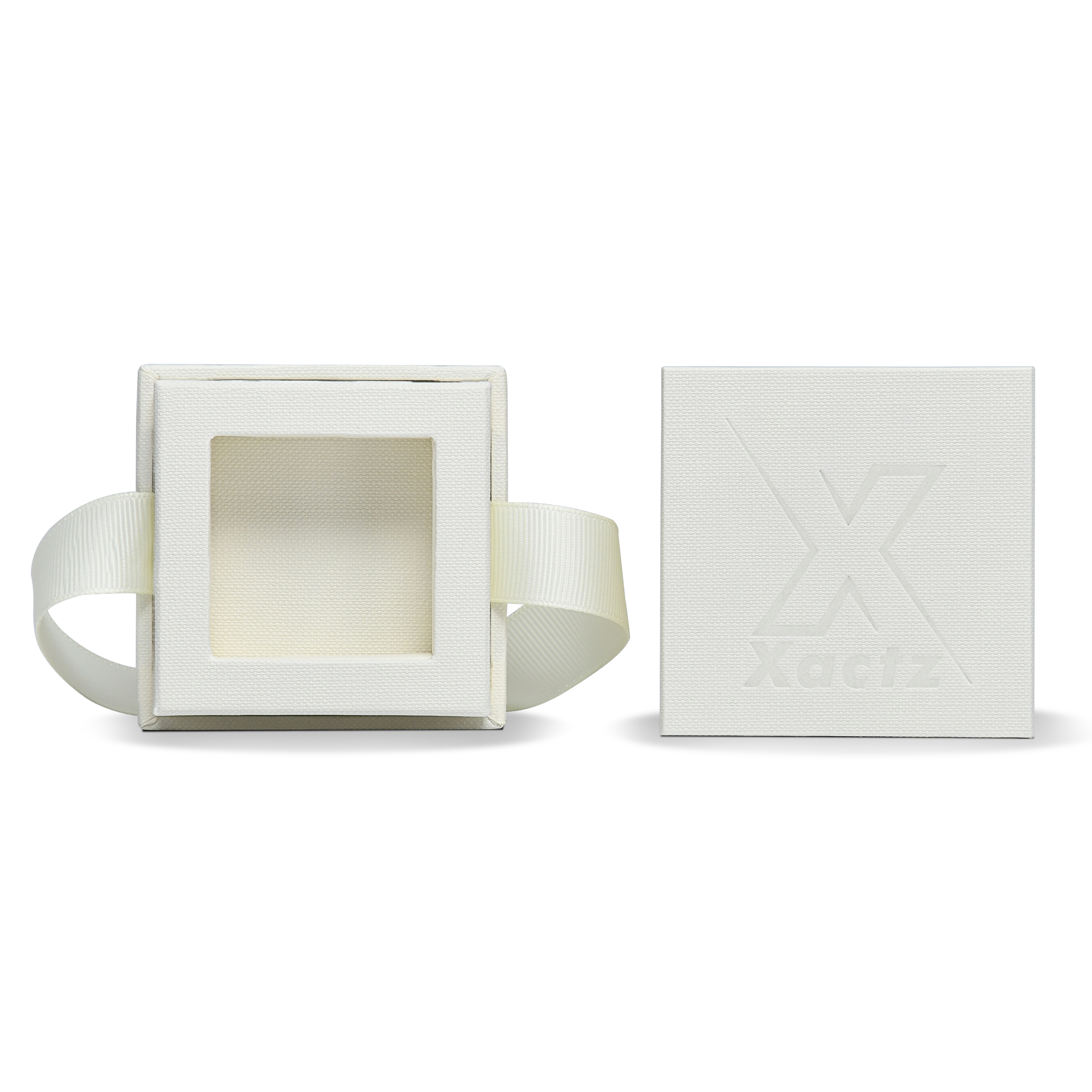 Premium Off-White Rose Gold Embossed Hot Stamped Rigid Lid and Base Gift Box with Ribbon Closure