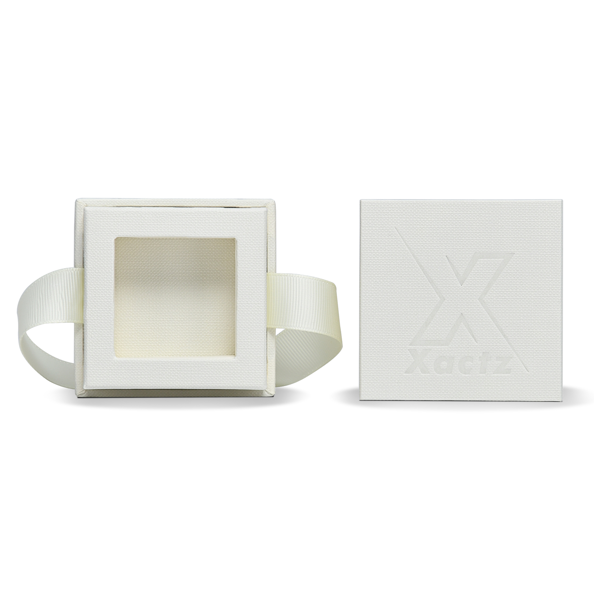 Premium Off-White Rose Gold Embossed Hot Stamped Rigid Lid and Base Gift Box with Ribbon Closure