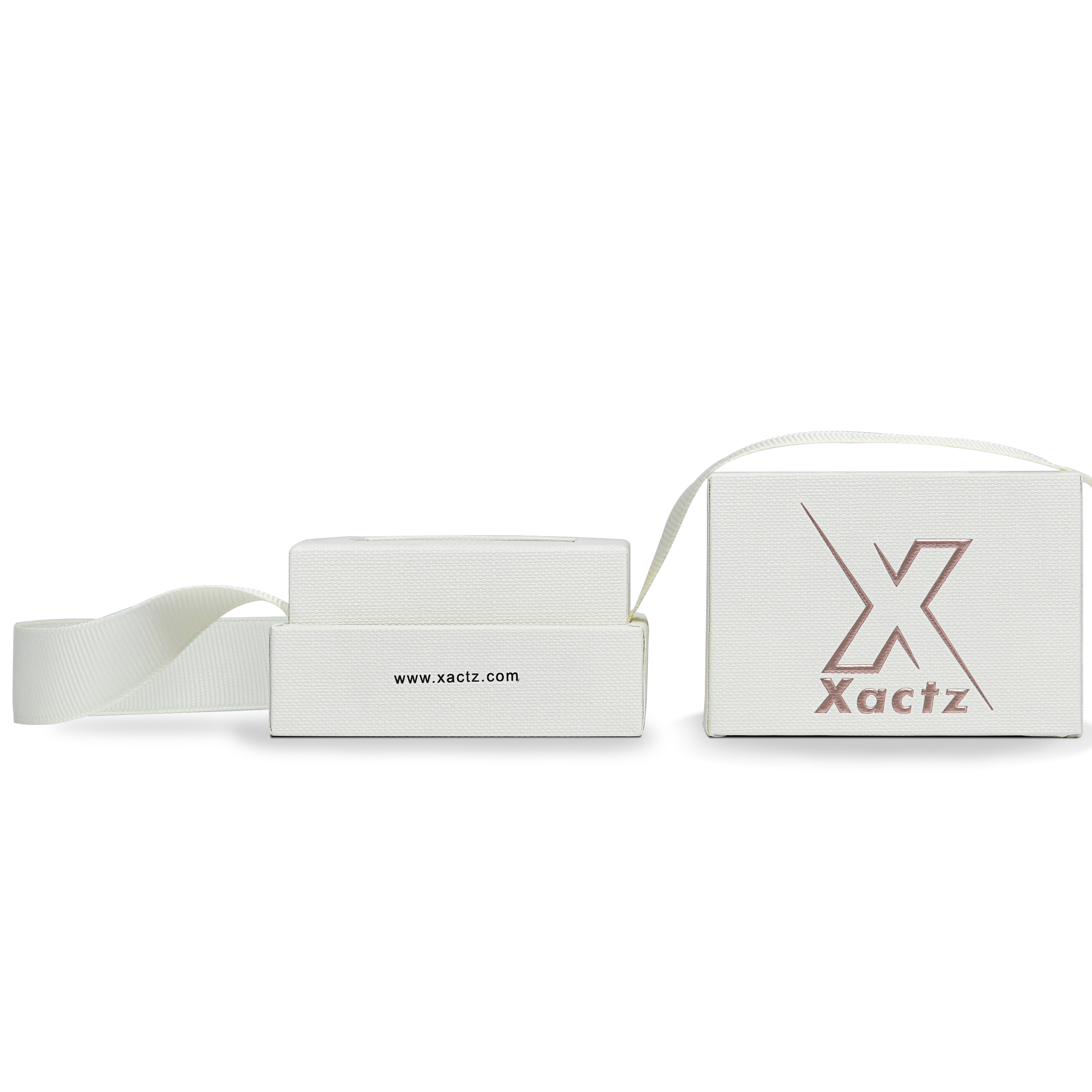 Premium Off-White Rose Gold Embossed Hot Stamped Rigid Lid and Base Gift Box with Ribbon Closure