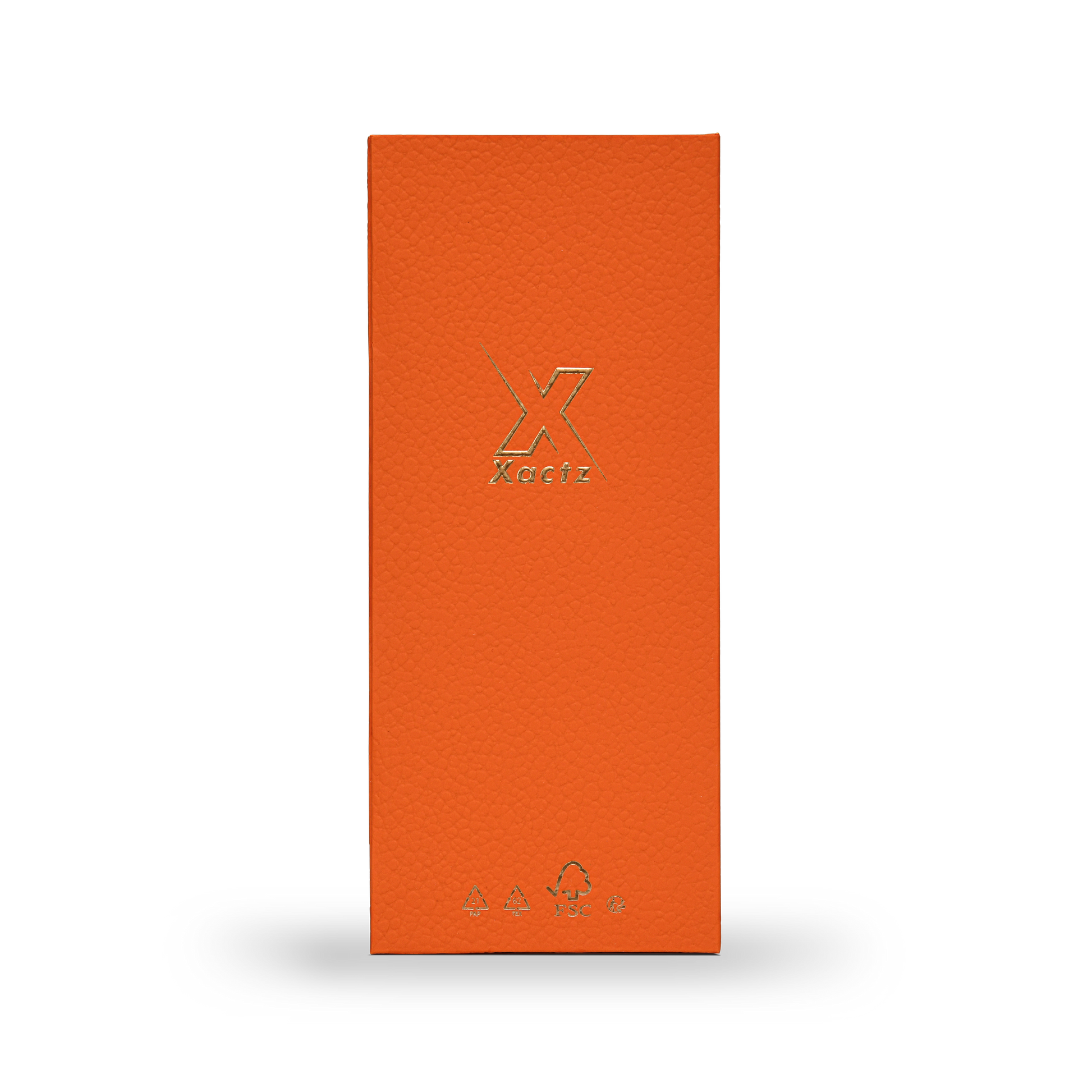 Boîte de luxe personnalisée avec couvercle rabattable orange, feuille d'or mat et ruban de soie