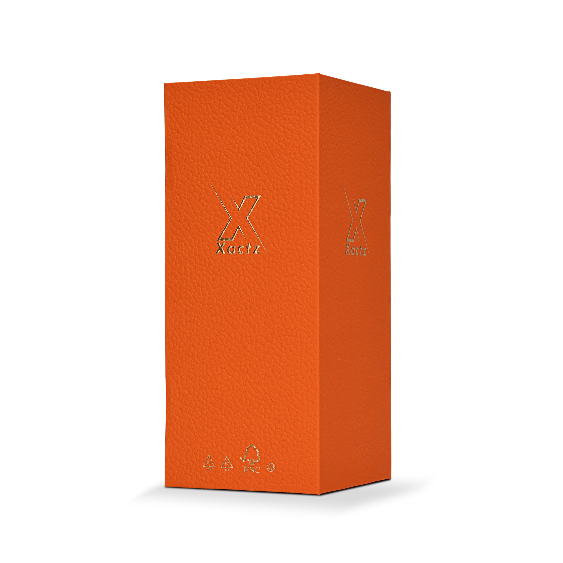 Boîte de luxe personnalisée avec couvercle rabattable orange, feuille d'or mat et ruban de soie