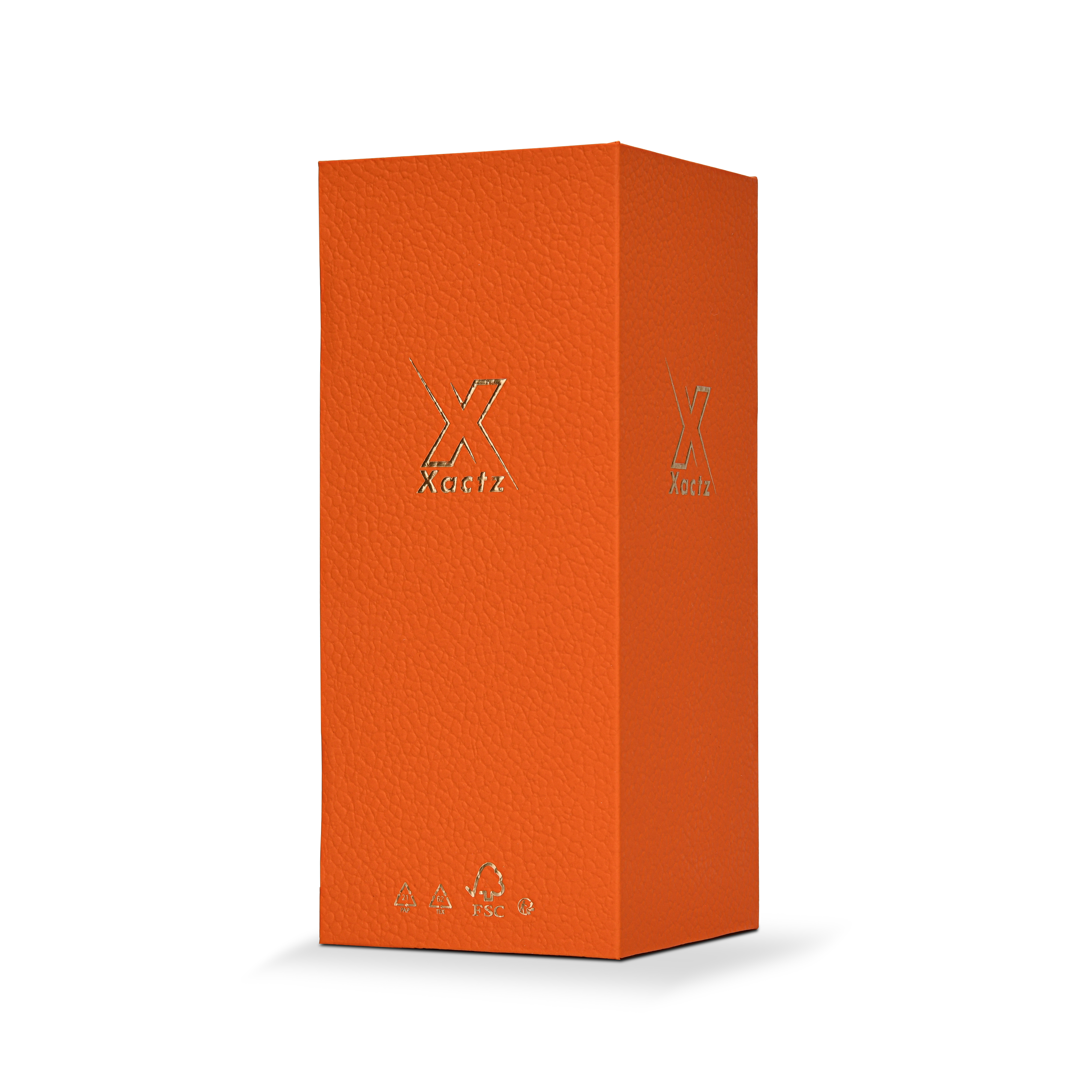 Boîte de luxe personnalisée avec couvercle rabattable orange, feuille d'or mat et ruban de soie