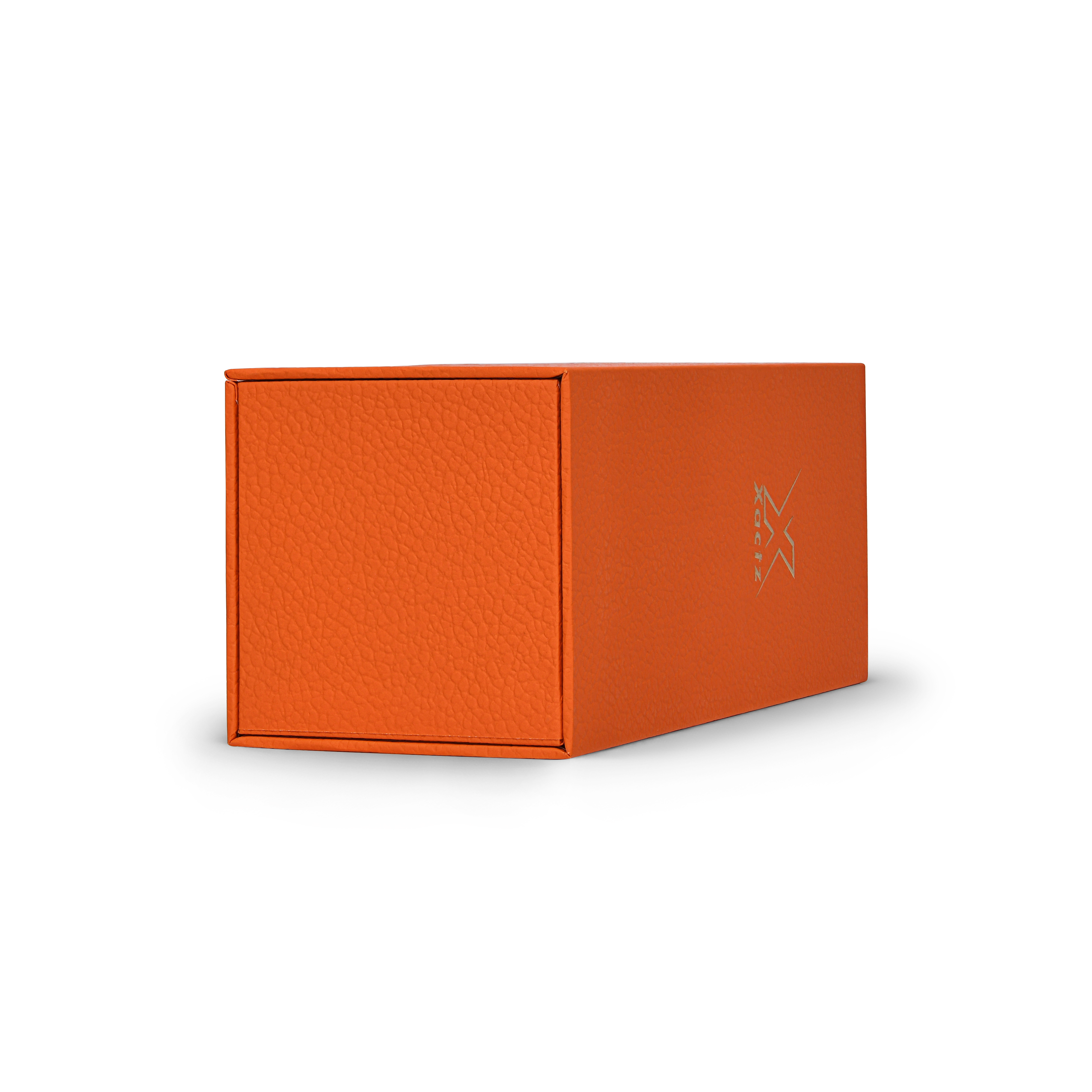 Boîte de luxe personnalisée avec couvercle rabattable orange, feuille d'or mat et ruban de soie