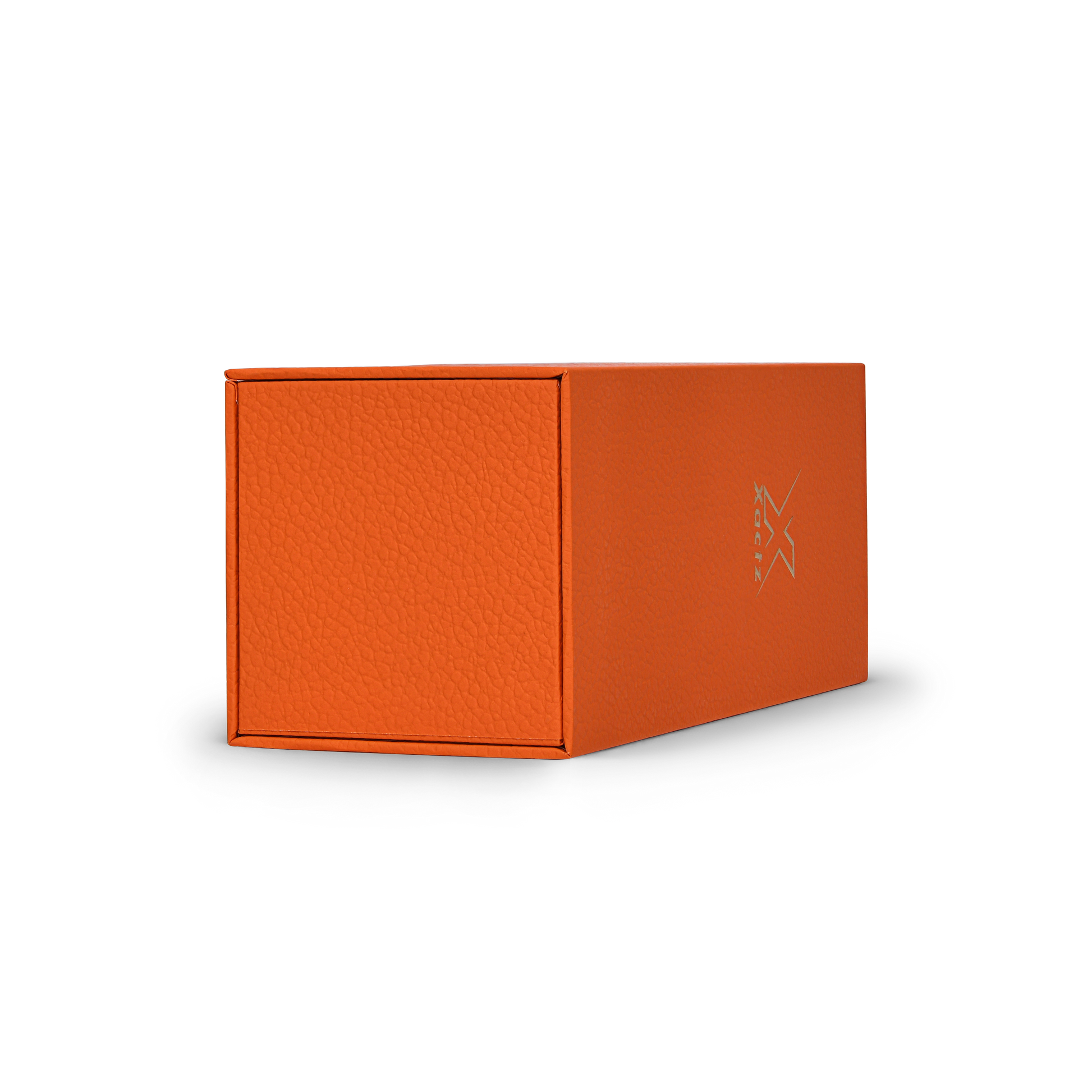 Boîte de luxe personnalisée avec couvercle rabattable orange, feuille d'or mat et ruban de soie