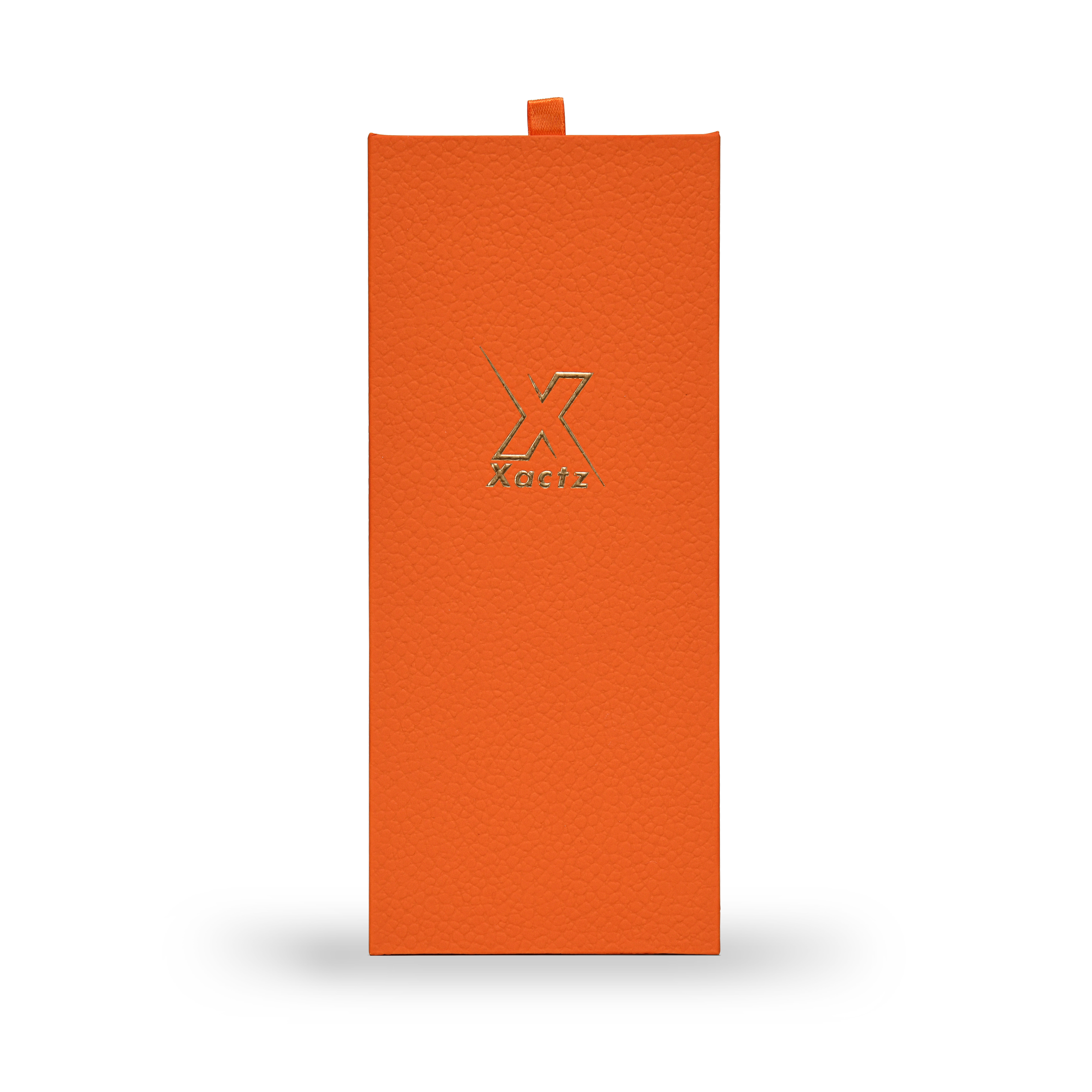 Boîte de luxe personnalisée avec couvercle rabattable orange, feuille d'or mat et ruban de soie
