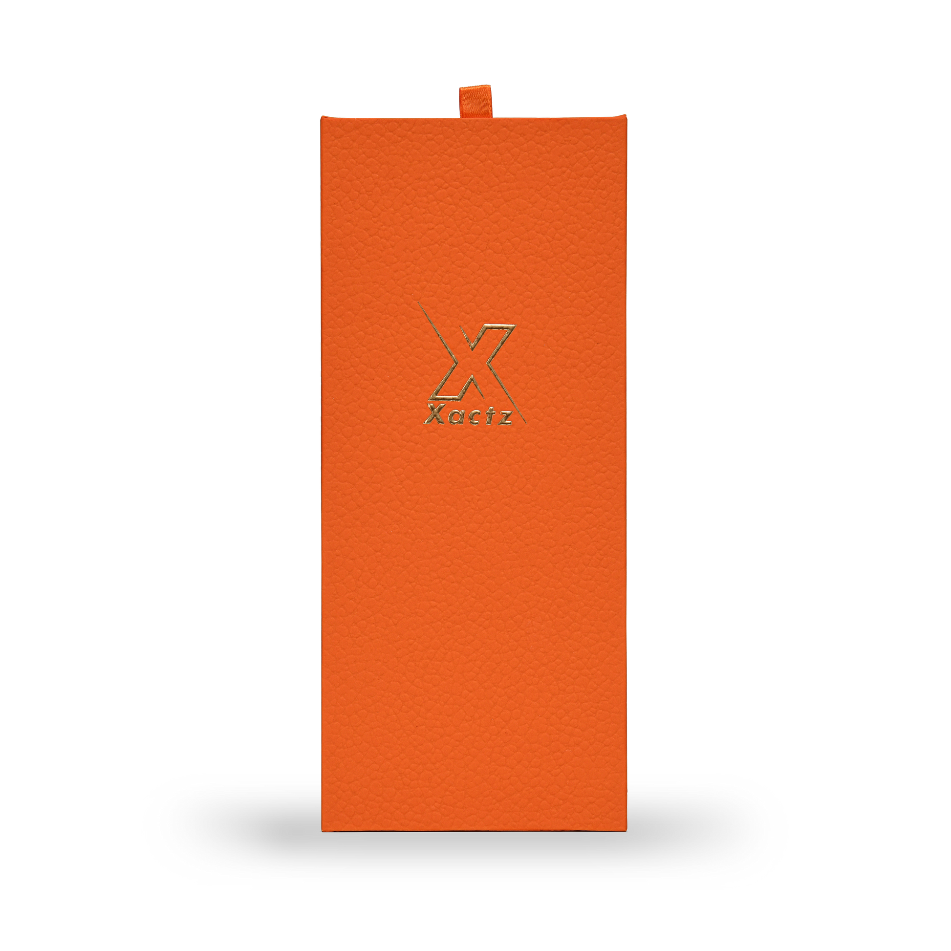 Boîte de luxe personnalisée avec couvercle rabattable orange, feuille d'or mat et ruban de soie