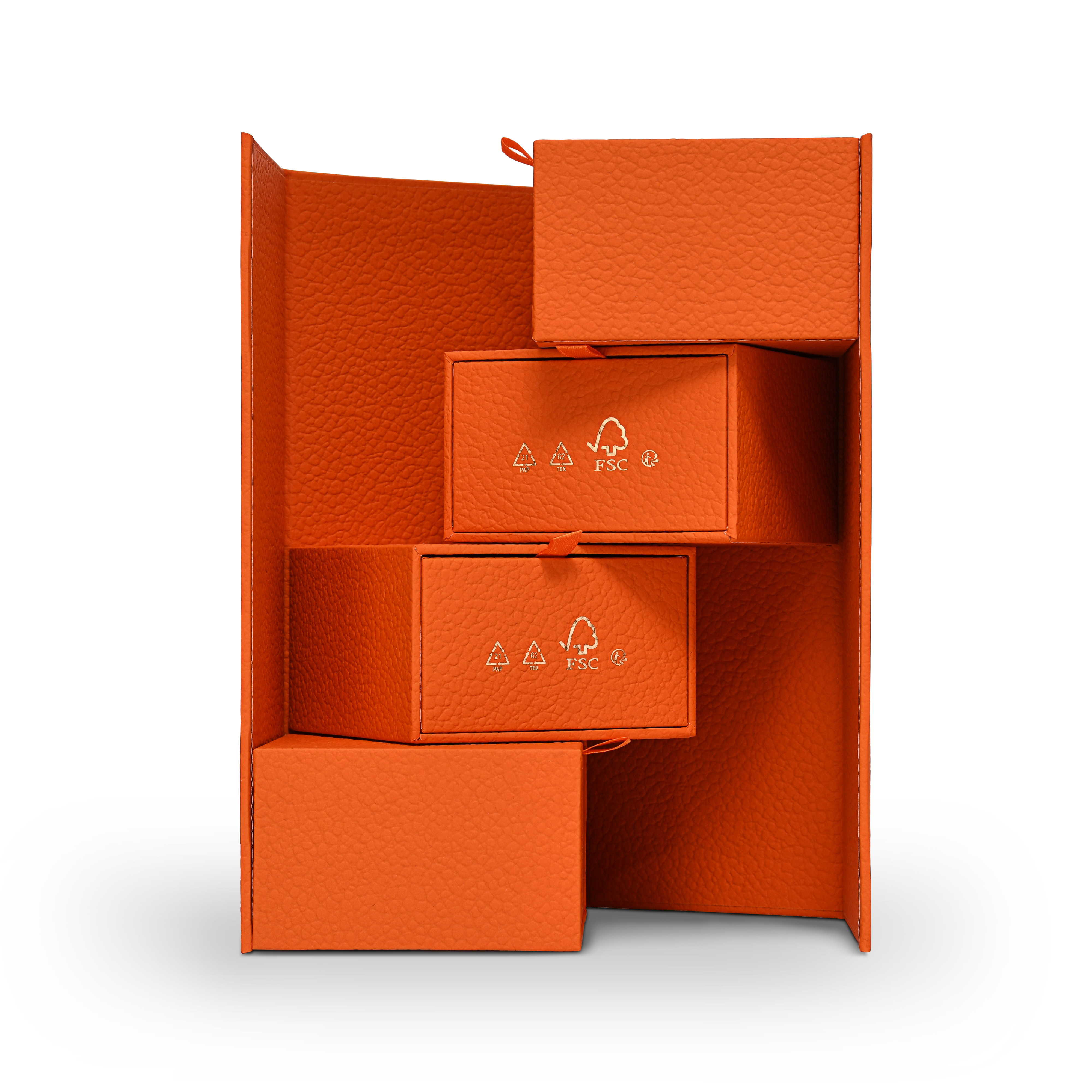 Boîte de luxe personnalisée avec couvercle rabattable orange, feuille d'or mat et ruban de soie