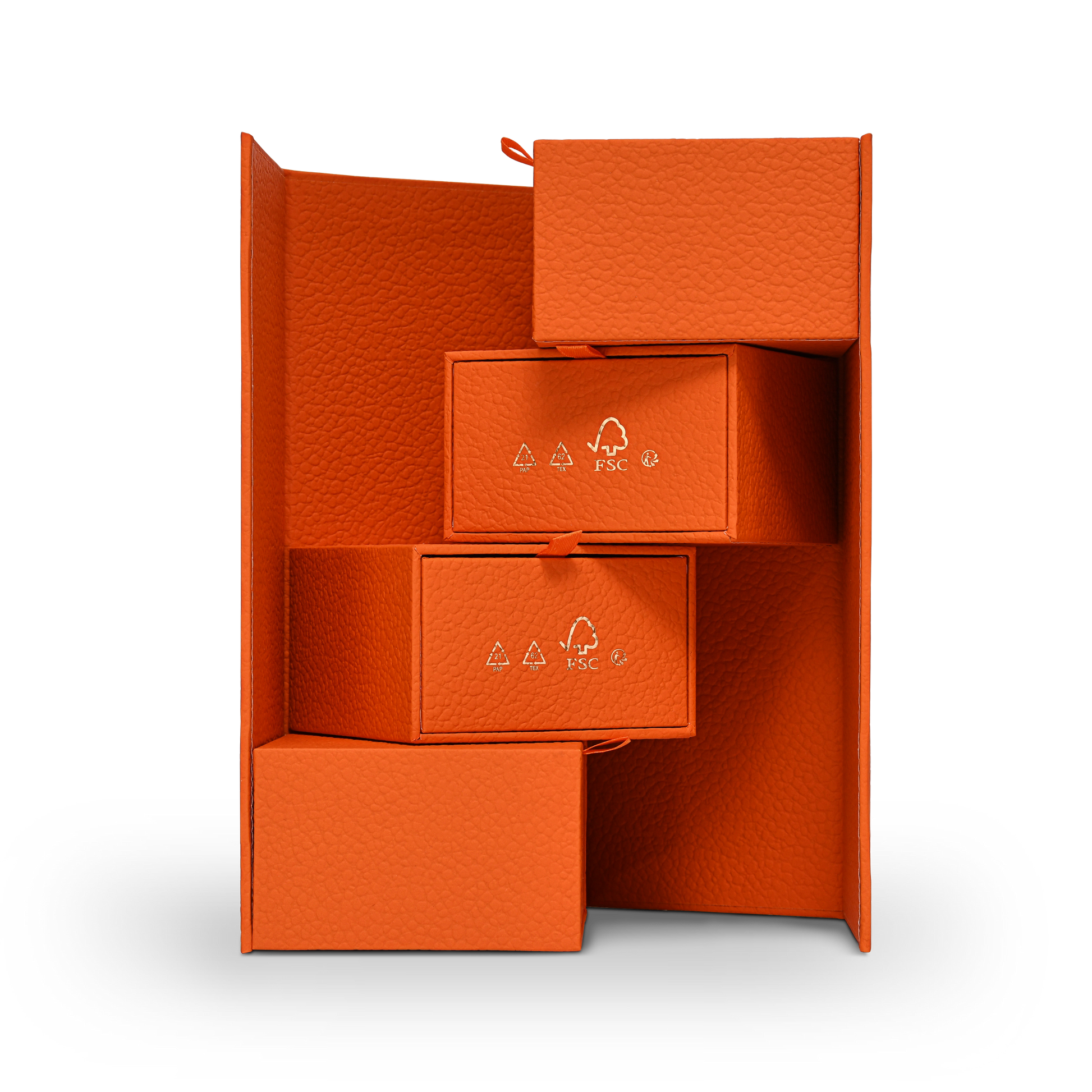 Boîte de luxe personnalisée avec couvercle rabattable orange, feuille d'or mat et ruban de soie