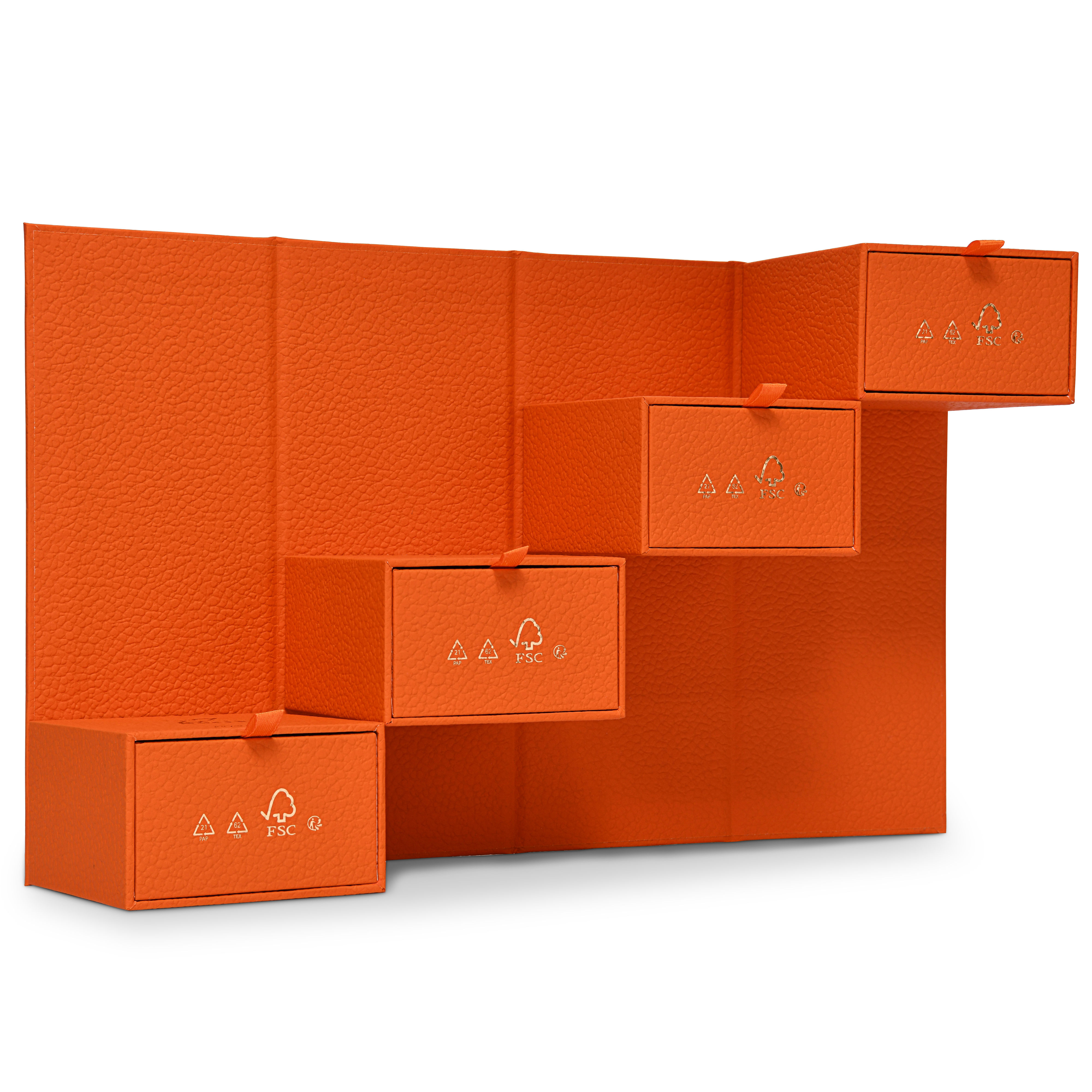 Boîte de luxe personnalisée avec couvercle rabattable orange, feuille d'or mat et ruban de soie