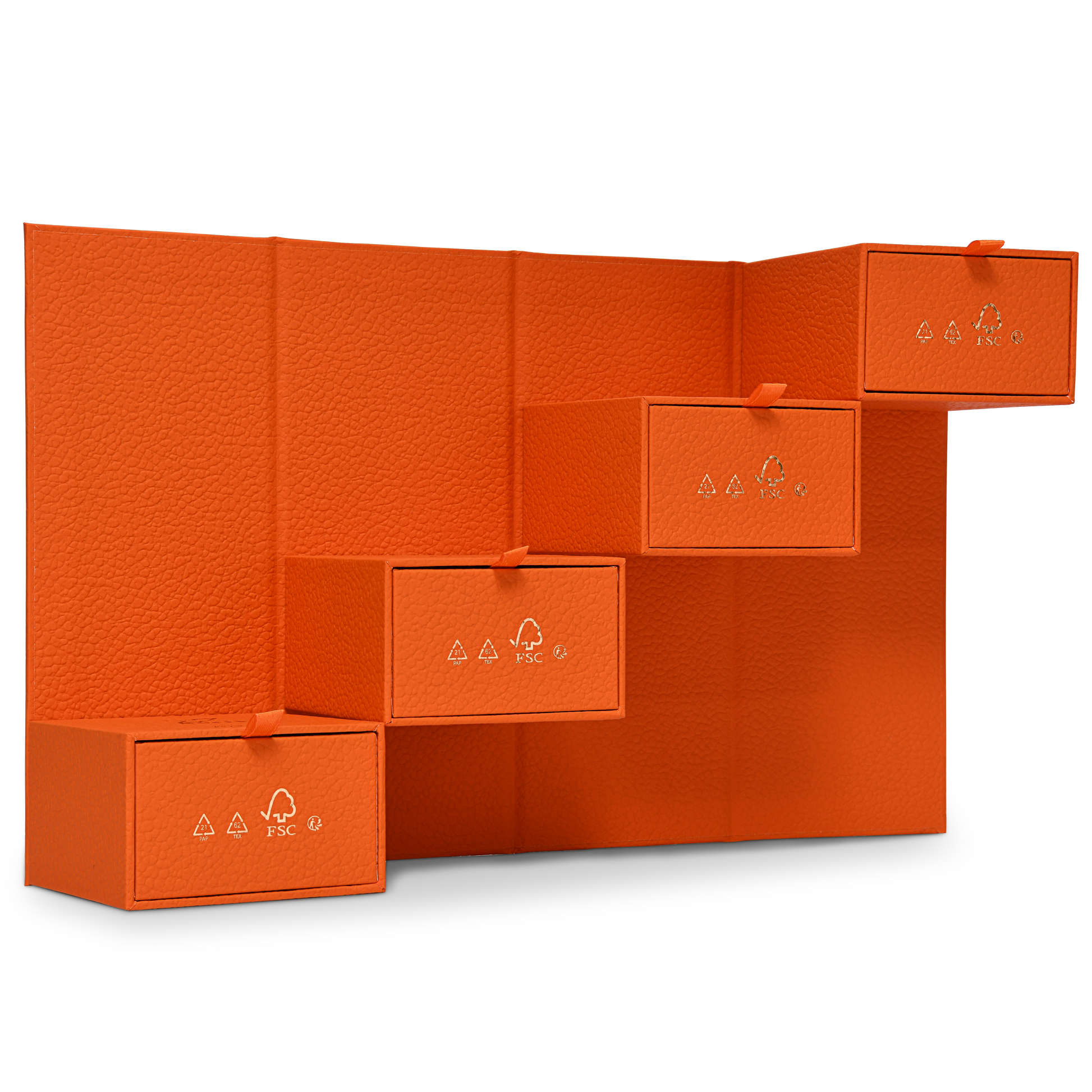 Boîte de luxe personnalisée avec couvercle rabattable orange, feuille d'or mat et ruban de soie