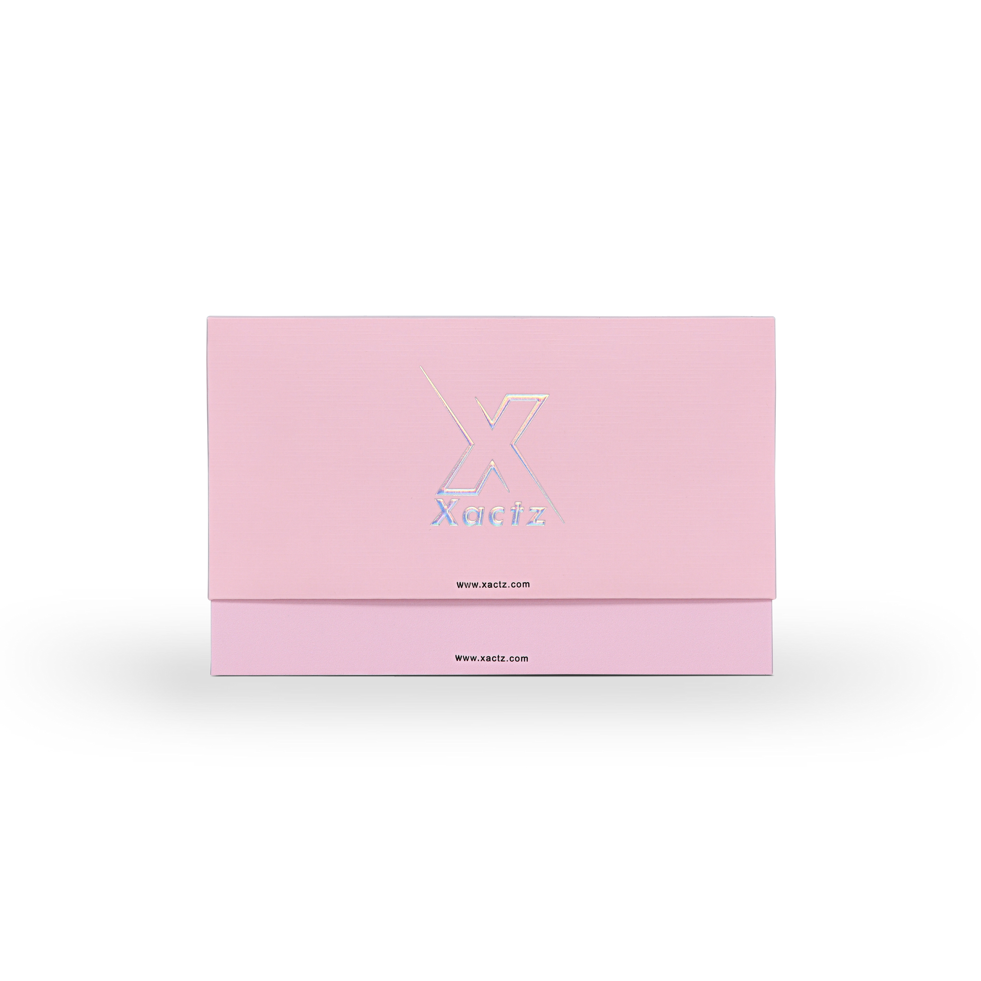 Emballage de luxe sur mesure avec boîte clapet rose et film argenté holographique