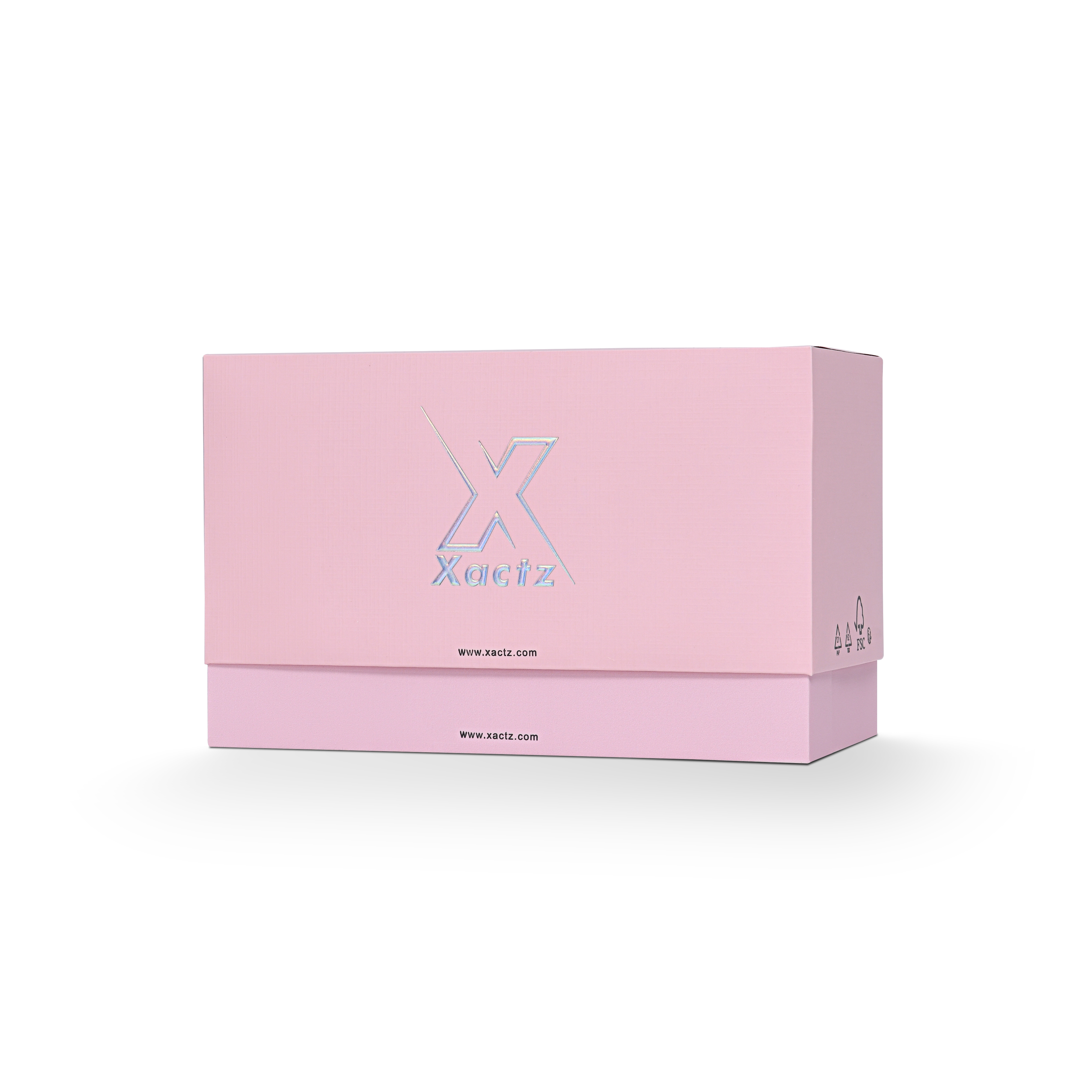 Emballage de luxe sur mesure avec boîte clapet rose et film argenté holographique
