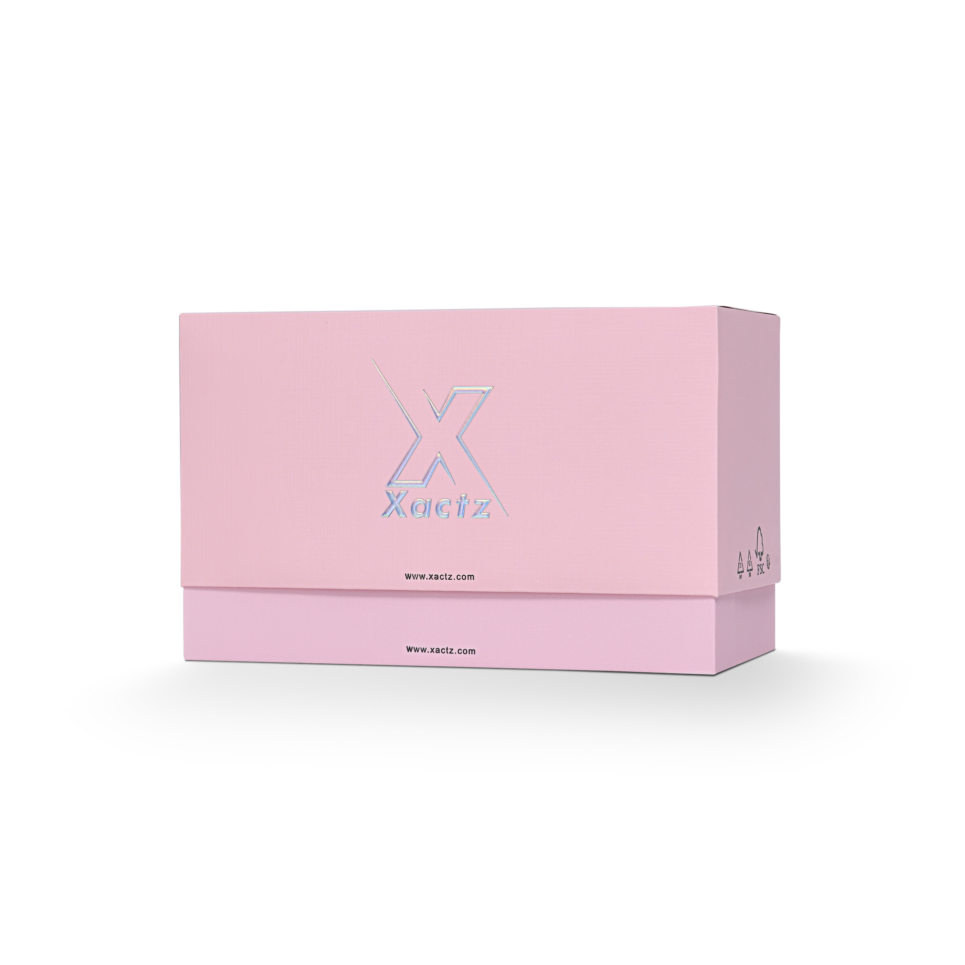 Emballage de luxe sur mesure avec boîte clapet rose et film argenté holographique