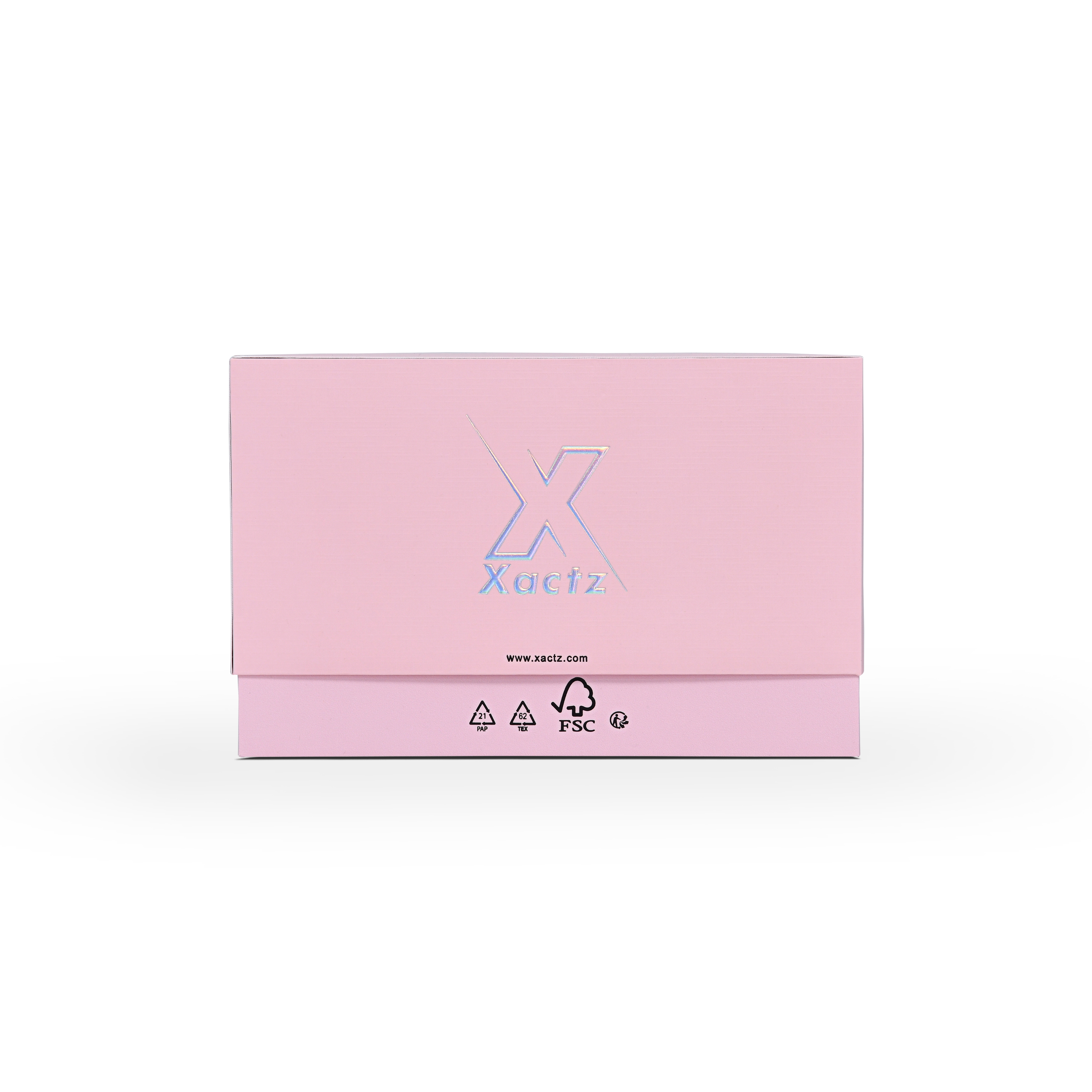 Emballage de luxe sur mesure avec boîte clapet rose et film argenté holographique