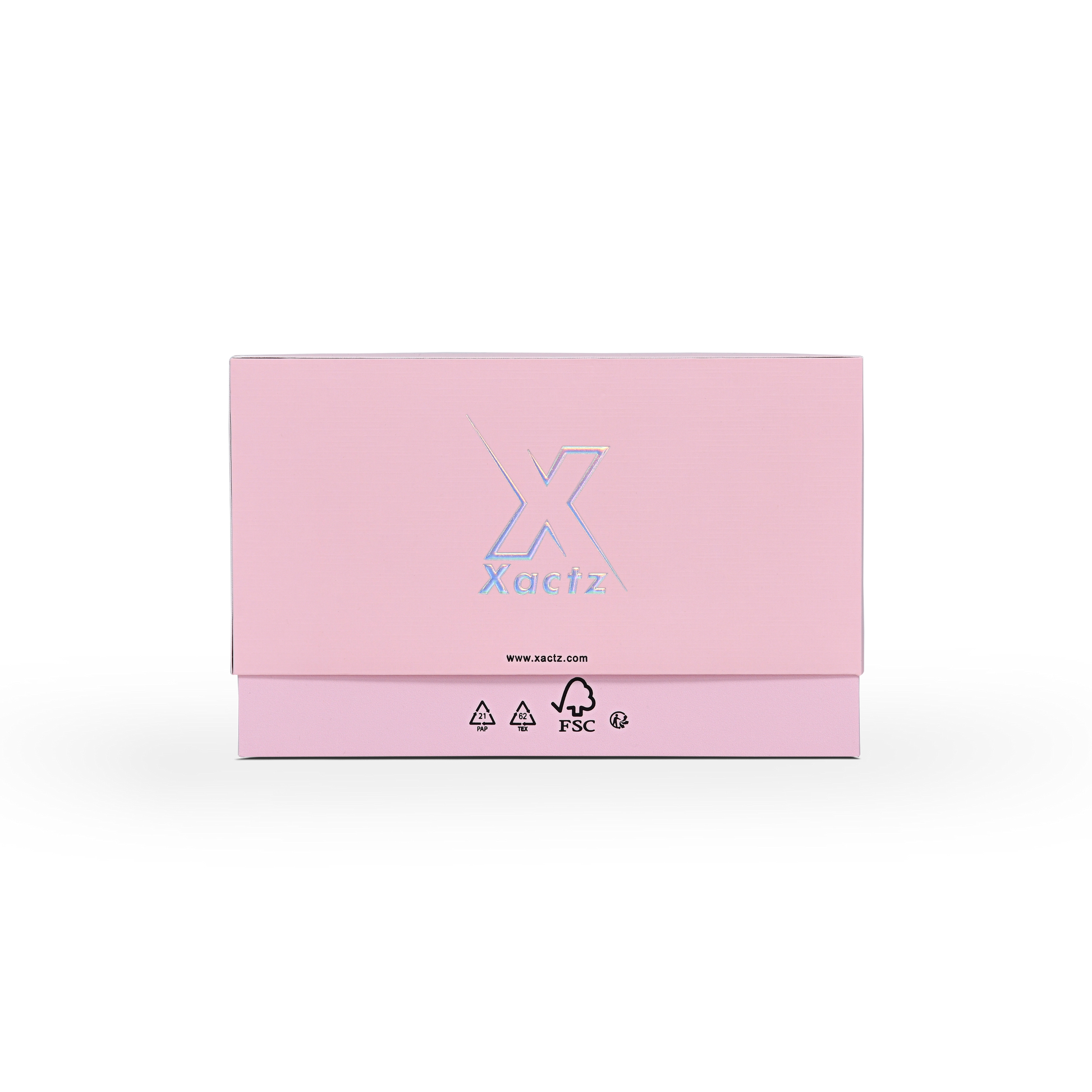 Emballage de luxe sur mesure avec boîte clapet rose et film argenté holographique