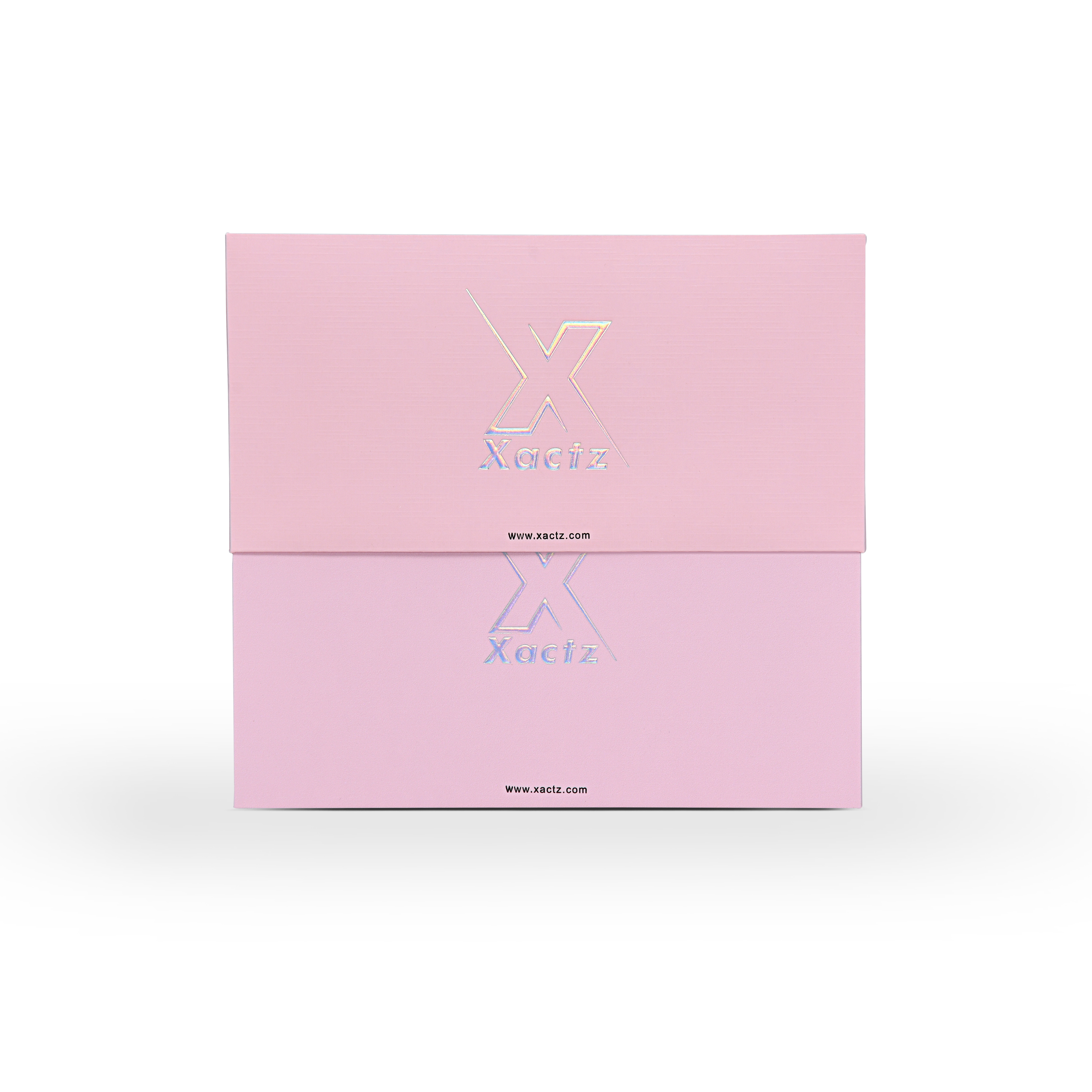 Emballage de luxe sur mesure avec boîte clapet rose et film argenté holographique