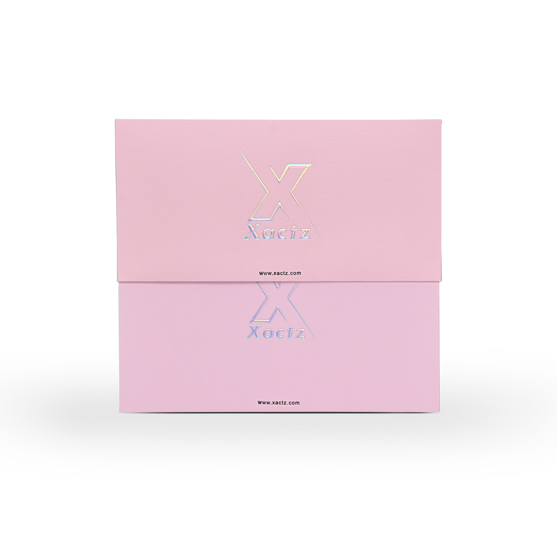 Emballage de luxe sur mesure avec boîte clapet rose et film argenté holographique