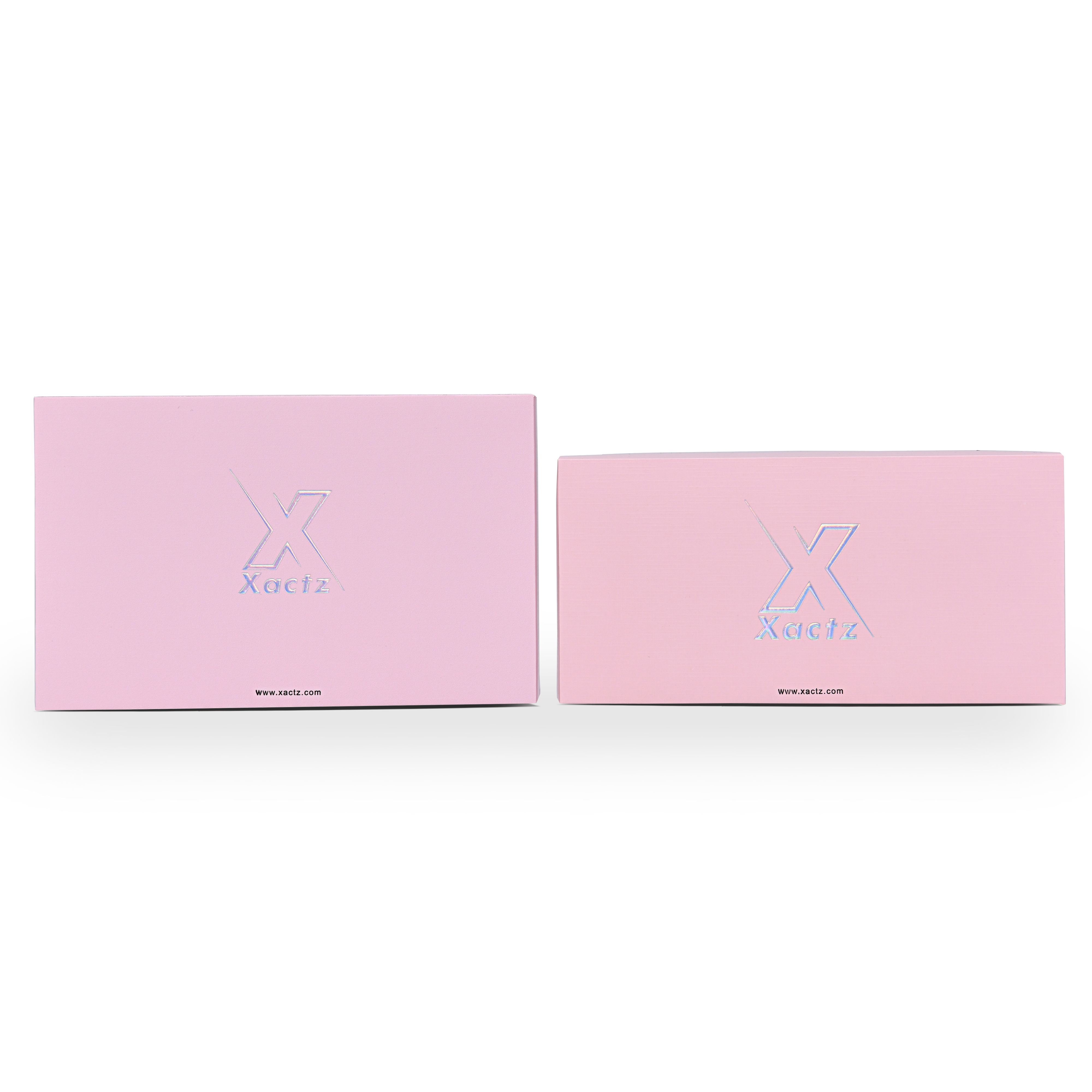 Emballage de luxe sur mesure avec boîte clapet rose et film argenté holographique