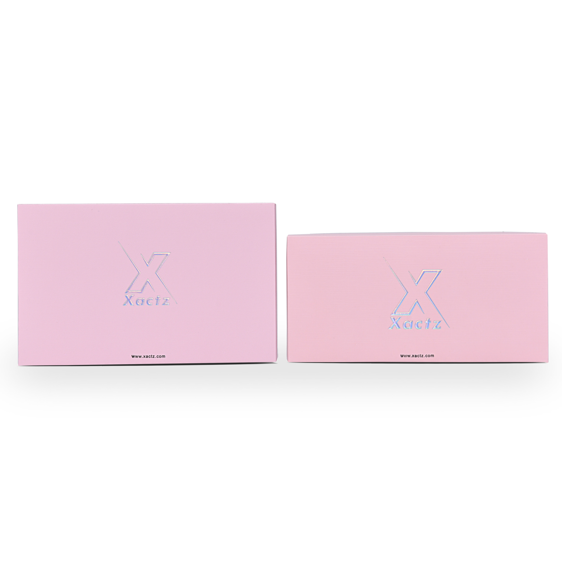 Emballage de luxe sur mesure avec boîte clapet rose et film argenté holographique