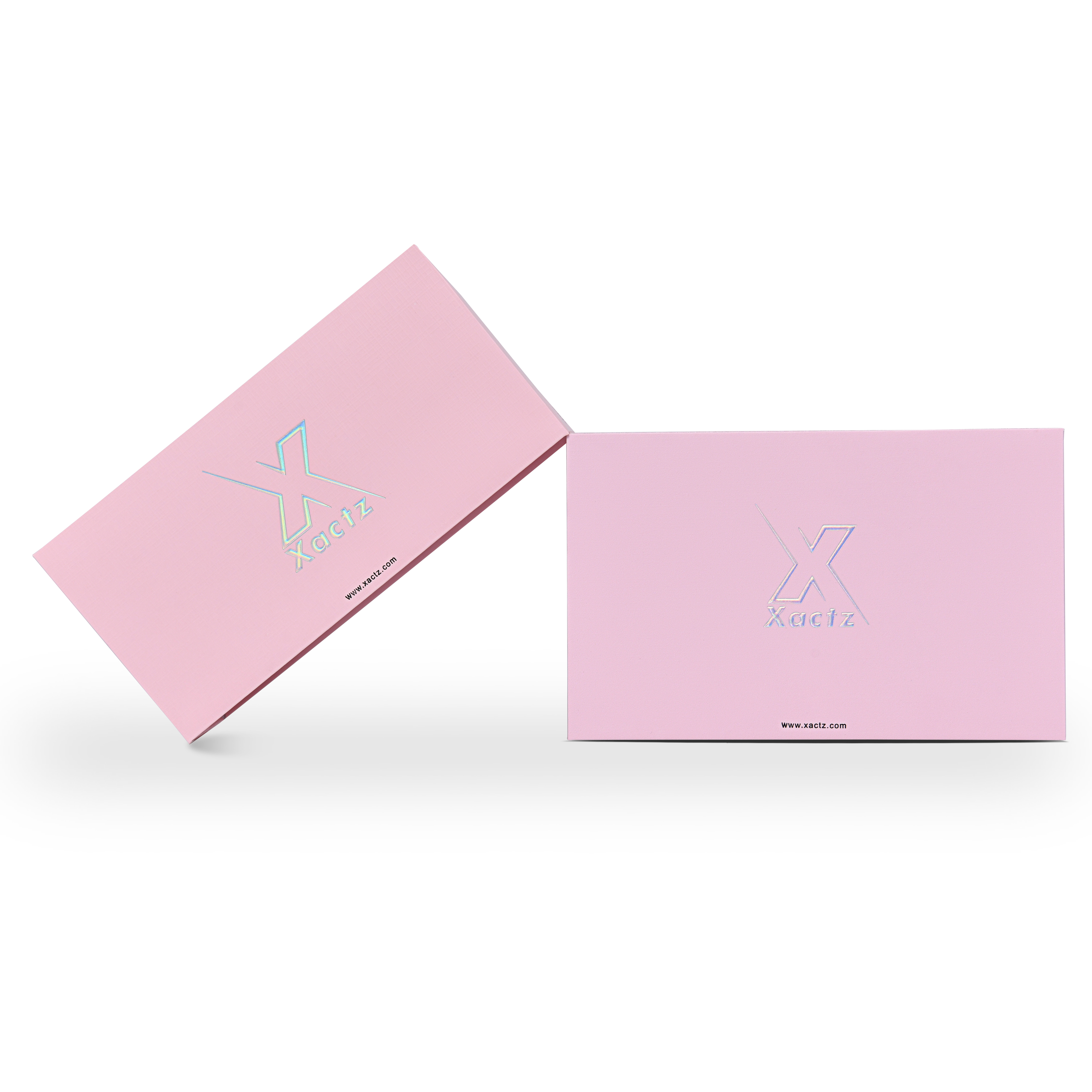 Emballage de luxe sur mesure avec boîte clapet rose et film argenté holographique