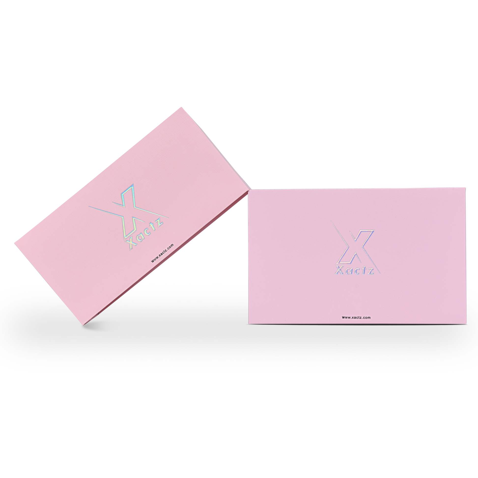 Emballage de luxe sur mesure avec boîte clapet rose et film argenté holographique