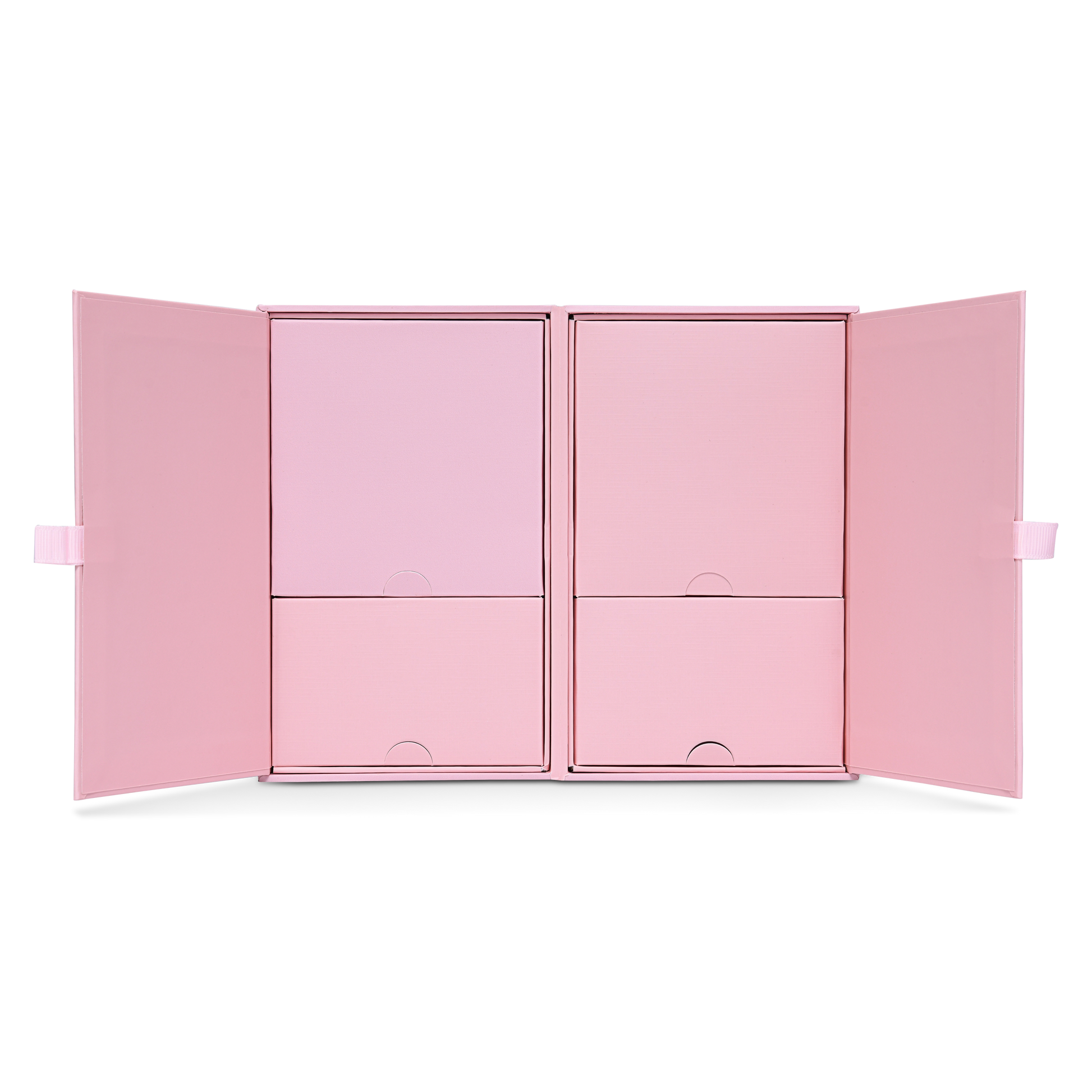 Emballage de luxe sur mesure avec boîte clapet rose et film argenté holographique