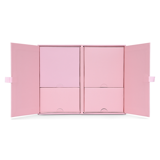 Luxuriöse maßgeschneiderte pinke Klappdeckelbox-Set mit holographischer silberner Folienverpackung