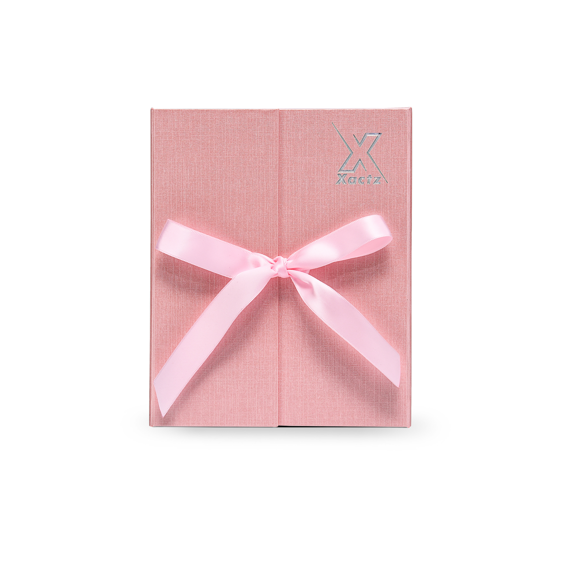 Premium Pink Flip-Top Box with Embossed Silver Foil Logo and Pink Ribbon