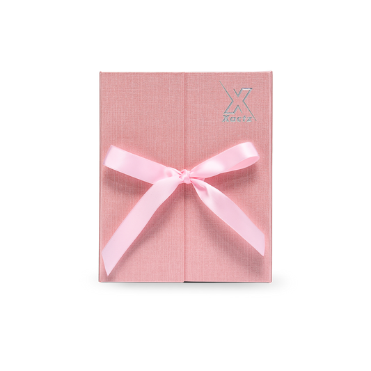 Premium Pink Flip-Top Box with Embossed Silver Foil Logo and Pink Ribbon