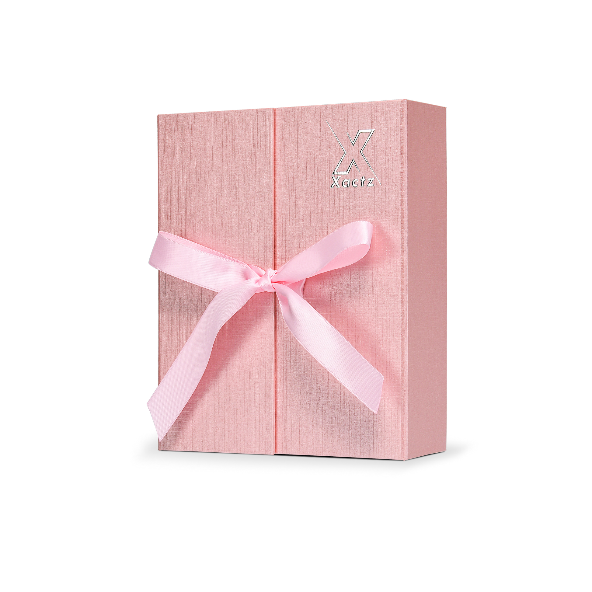 Premium Pink Flip-Top Box with Embossed Silver Foil Logo and Pink Ribbon