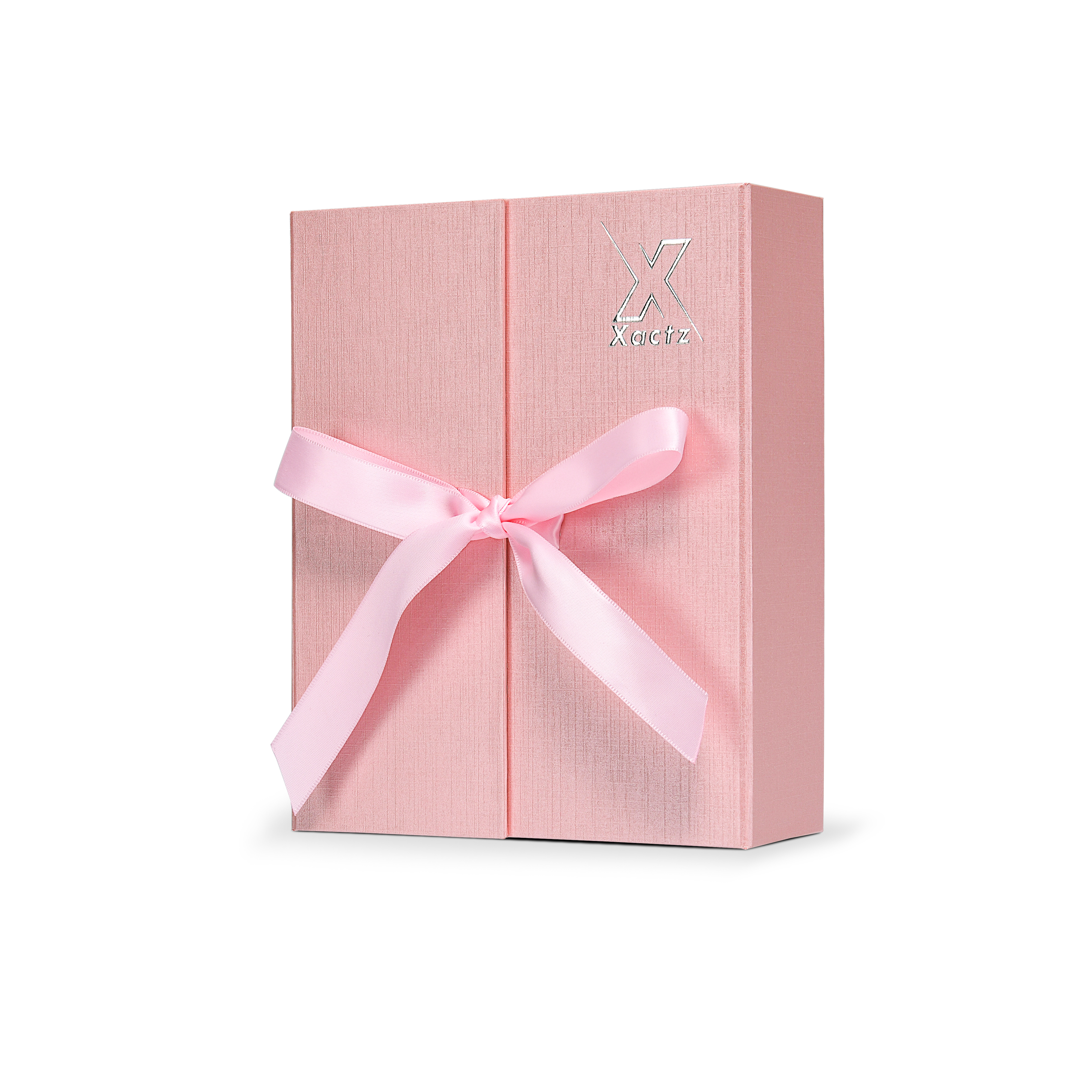 Premium Pink Flip-Top Box with Embossed Silver Foil Logo and Pink Ribbon