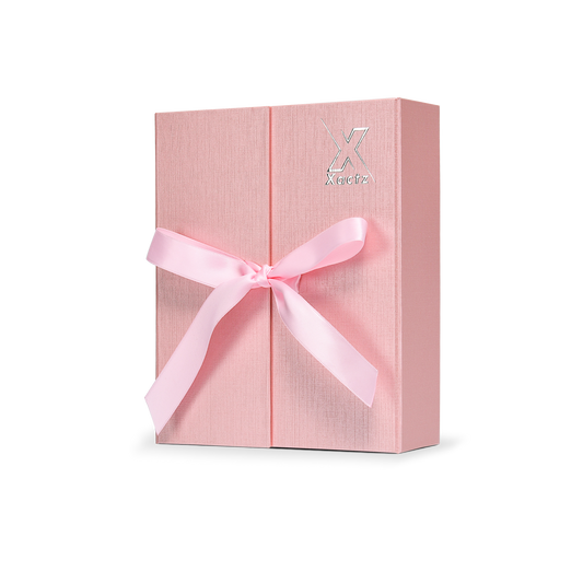 Premium Pink Flip-Top Box with Embossed Silver Foil Logo and Pink Ribbon