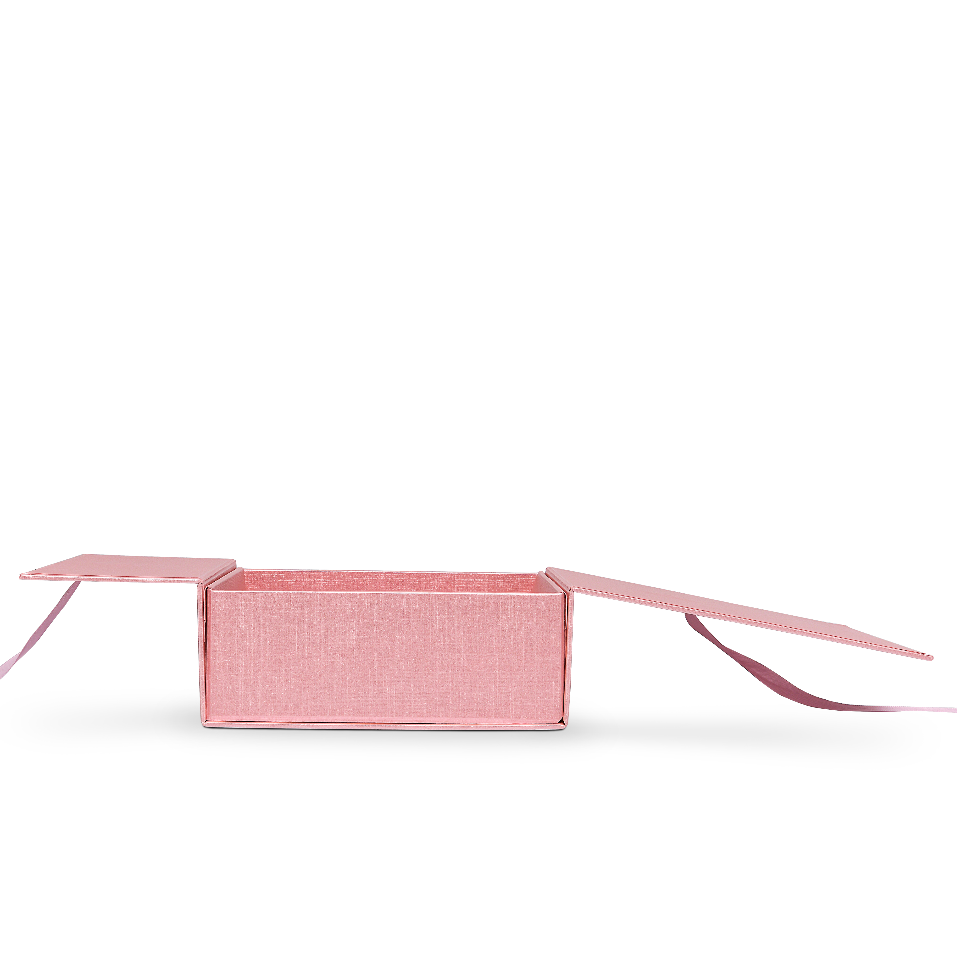 Premium Pink Flip-Top Box with Embossed Silver Foil Logo and Pink Ribbon