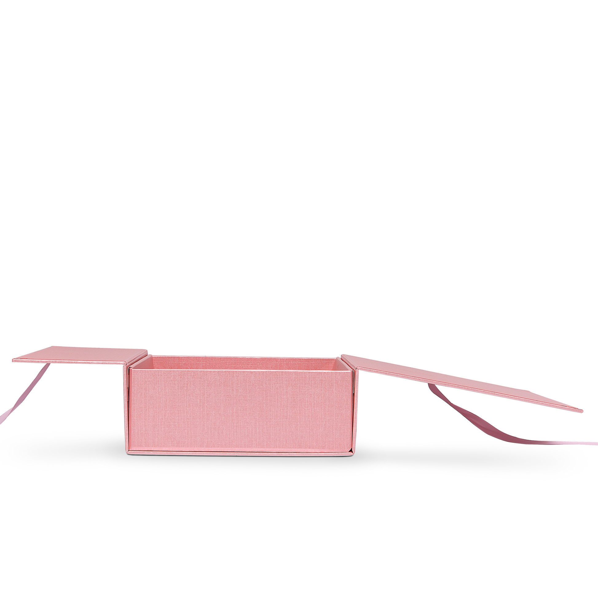 Premium Pink Flip-Top Box with Embossed Silver Foil Logo and Pink Ribbon
