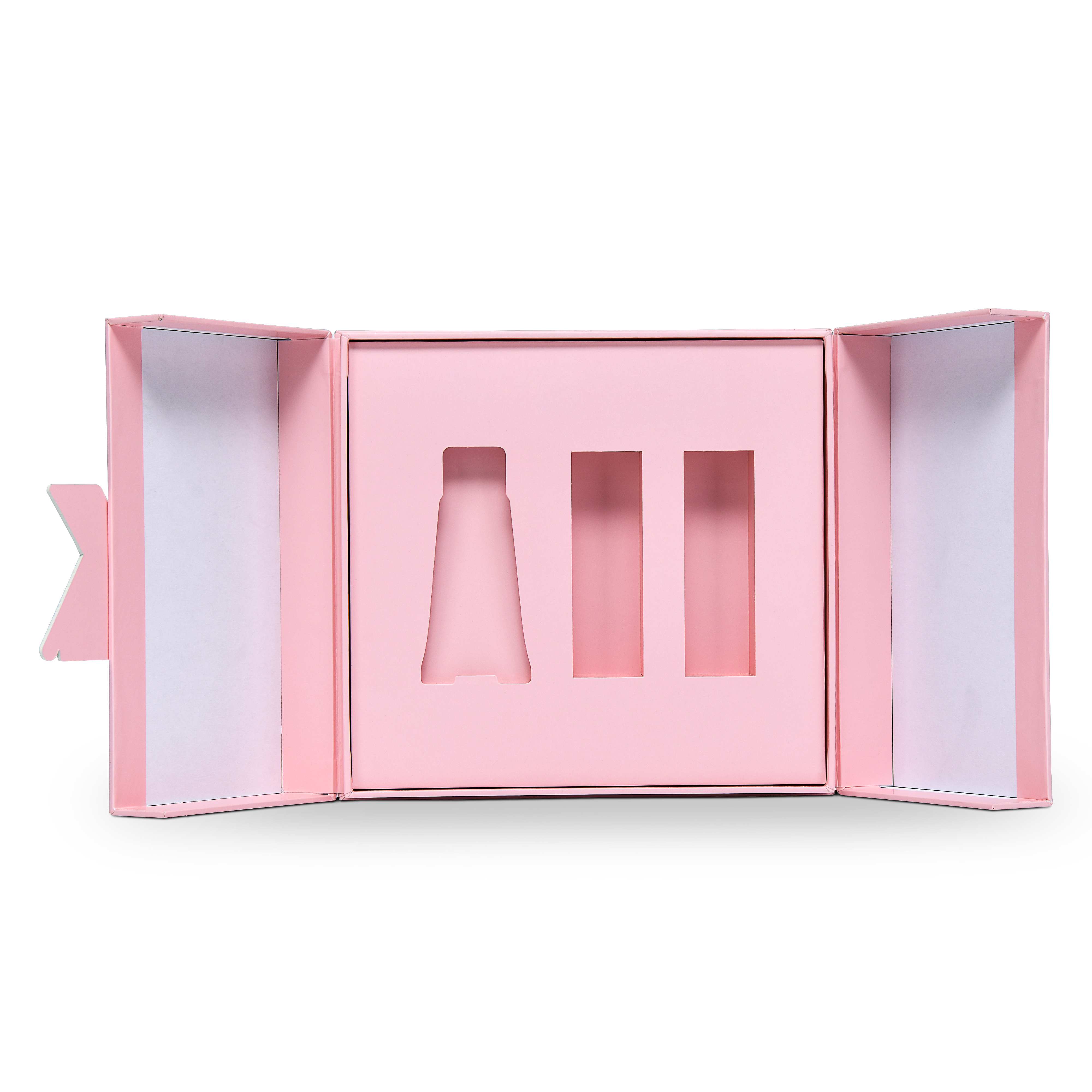 Premium rosa Klappdeckel Luxus Geschenkbox mit geprägter Roségoldfolie und dreigeteiltem Innenraum