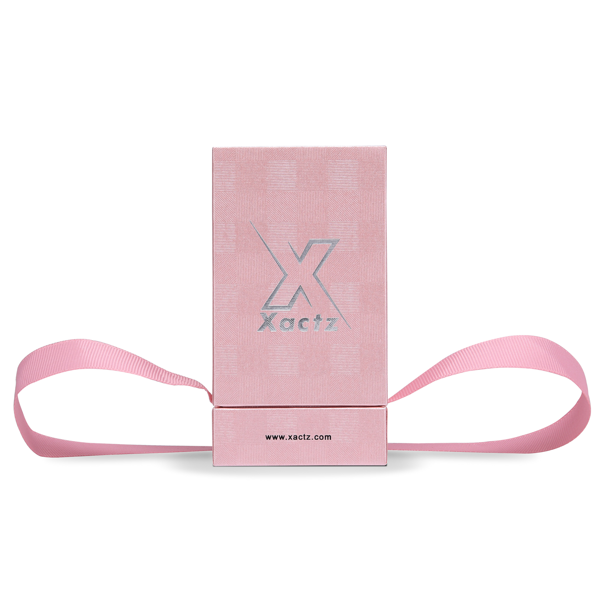 Premium Pink Textured Bright Silver Hot Stamped Tall Rigid Gift Box with Ribbon Closure