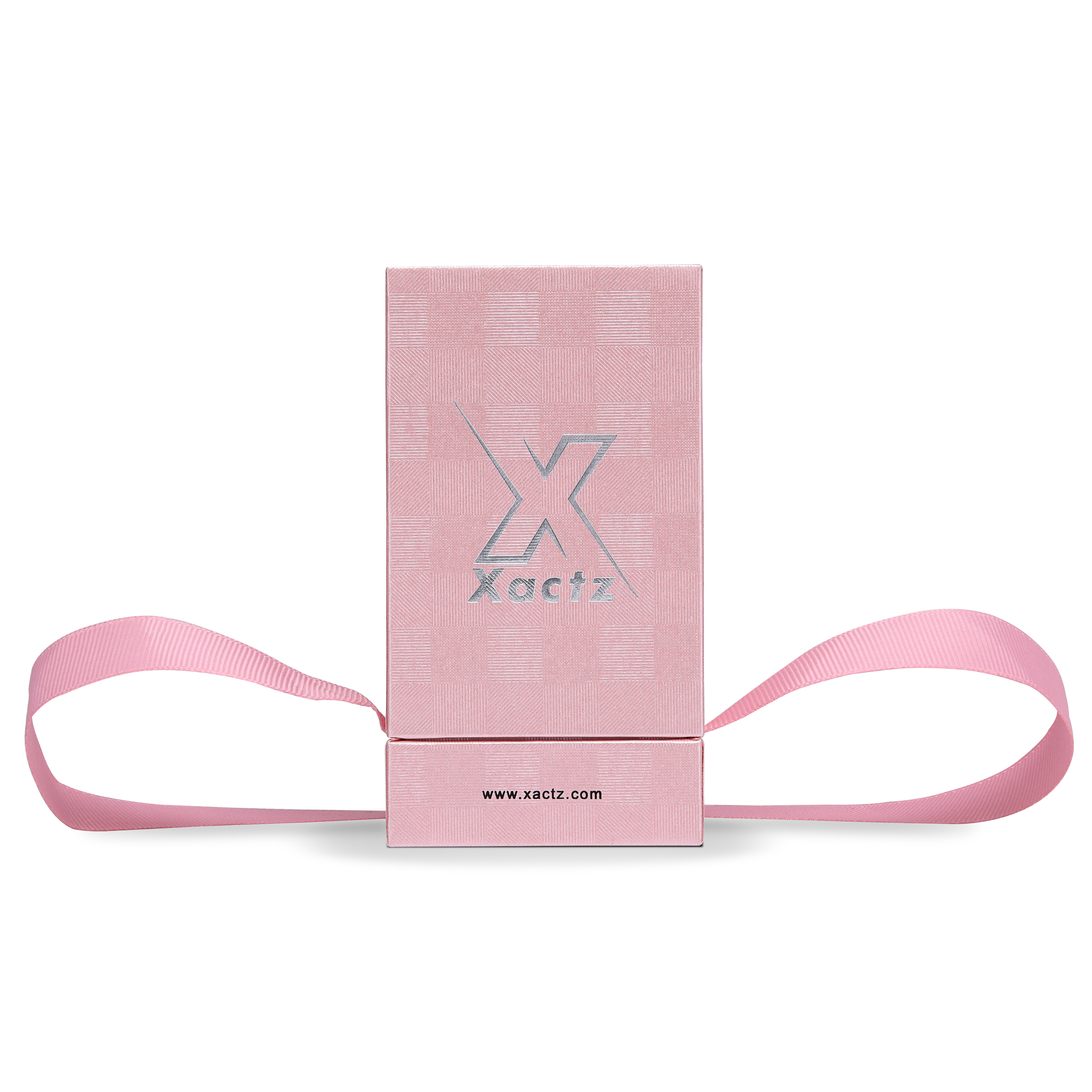 Premium Pink Textured Bright Silver Hot Stamped Tall Rigid Gift Box with Ribbon Closure