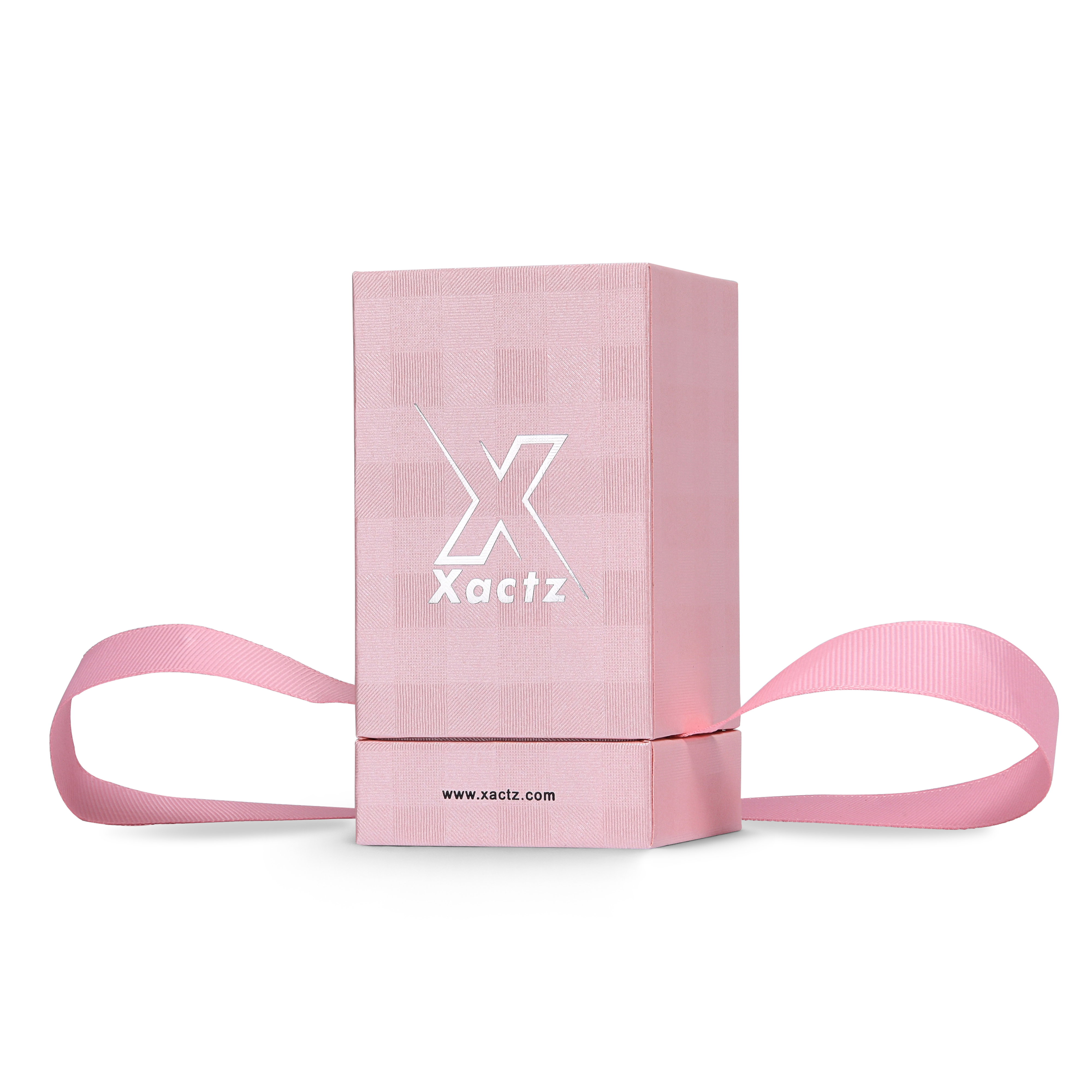 Premium Pink Textured Bright Silver Hot Stamped Tall Rigid Gift Box with Ribbon Closure