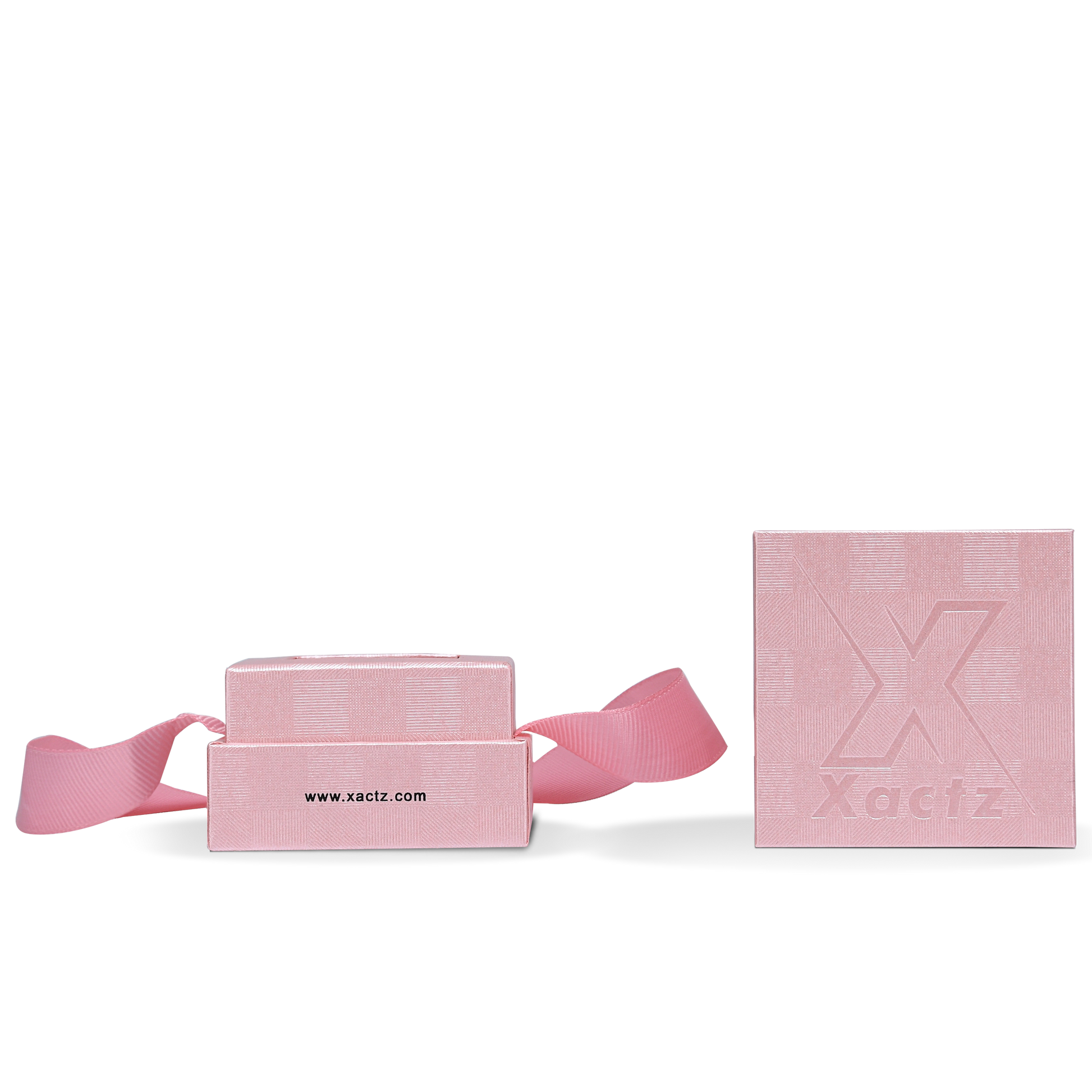 Premium Pink Textured Bright Silver Hot Stamped Tall Rigid Gift Box with Ribbon Closure